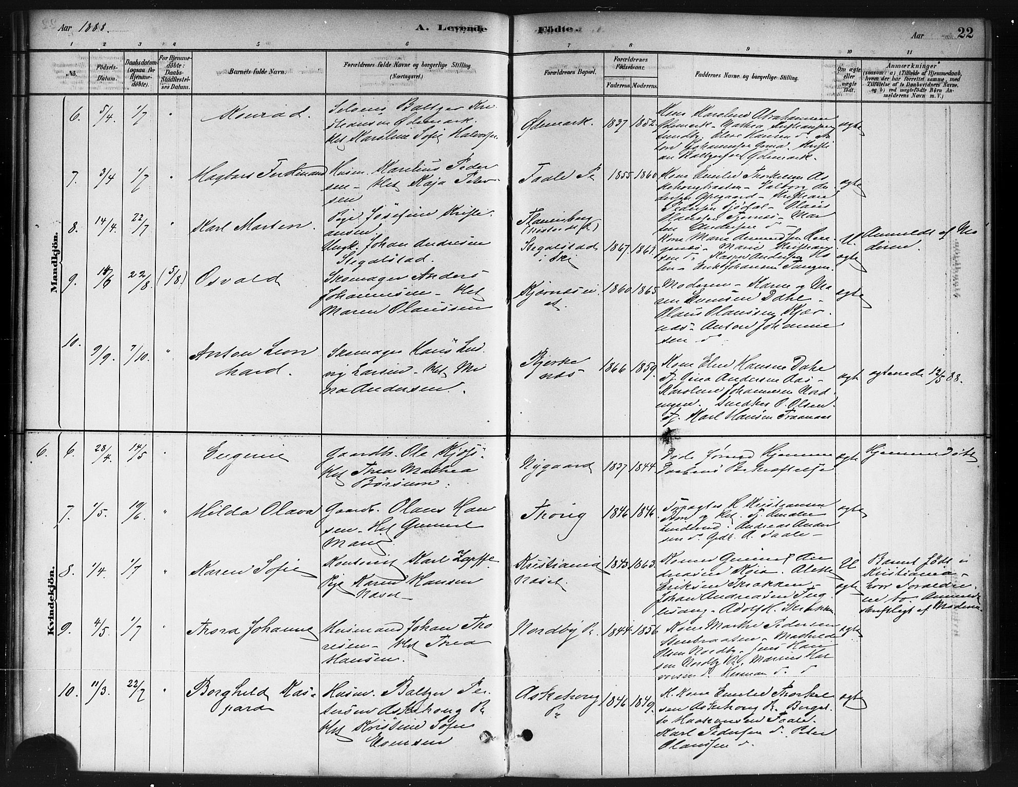 Ås prestekontor Kirkebøker, SAO/A-10894/F/Fb/L0001: Parish register (official) no. II 1, 1881-1895, p. 22