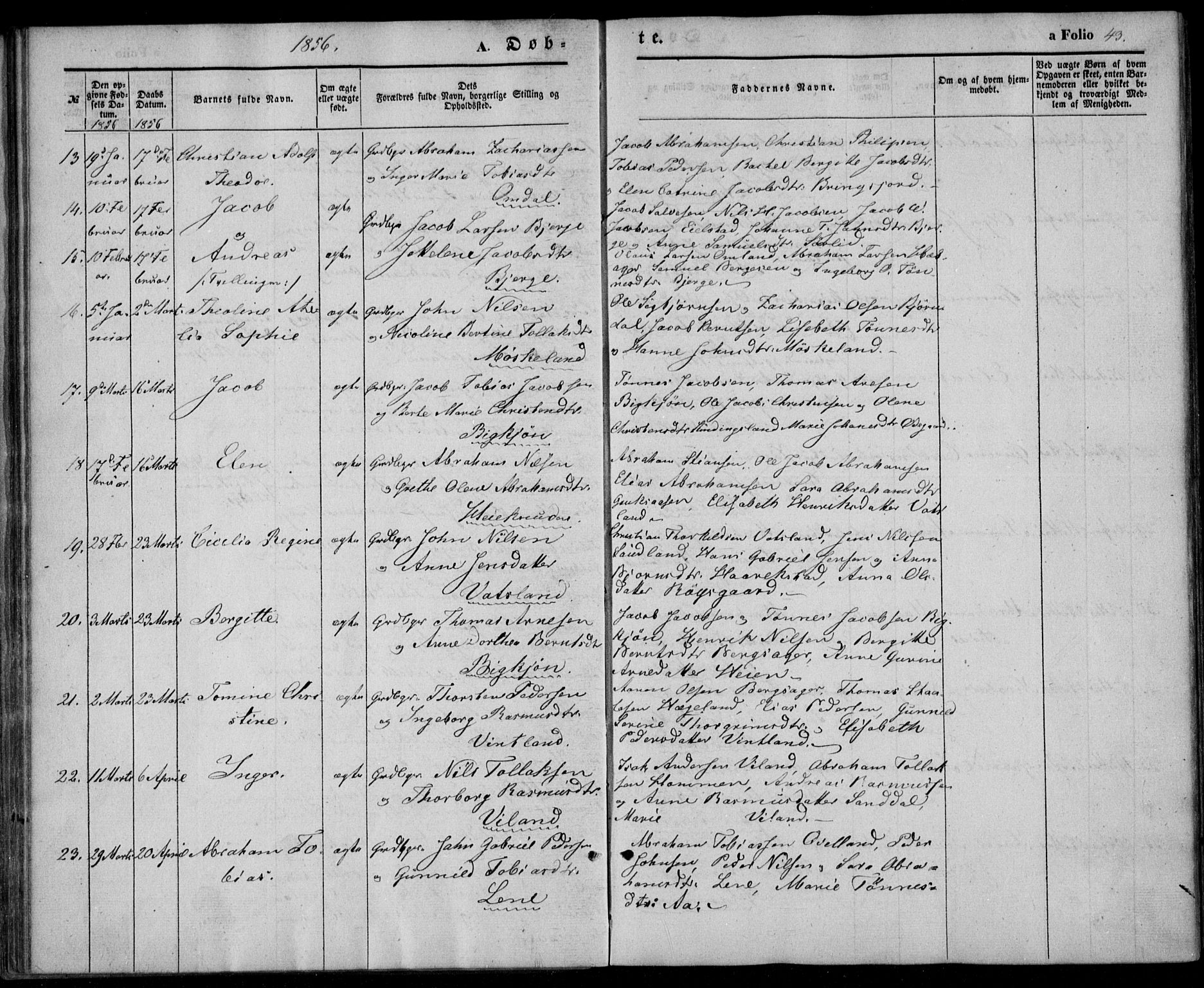 Lyngdal sokneprestkontor, AV/SAK-1111-0029/F/Fa/Fac/L0009: Parish register (official) no. A 9, 1852-1864, p. 43