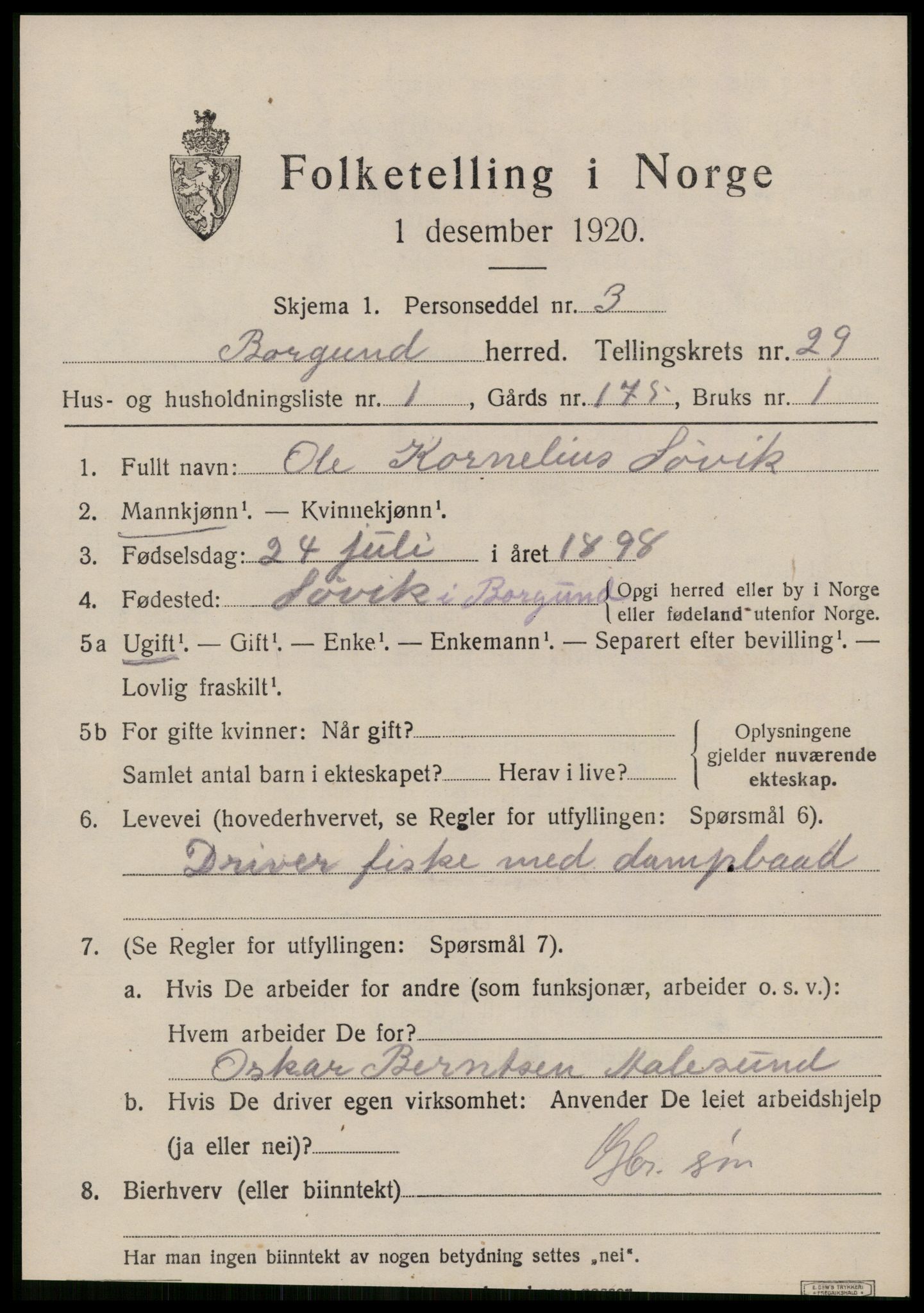 SAT, 1920 census for Borgund, 1920, p. 18636