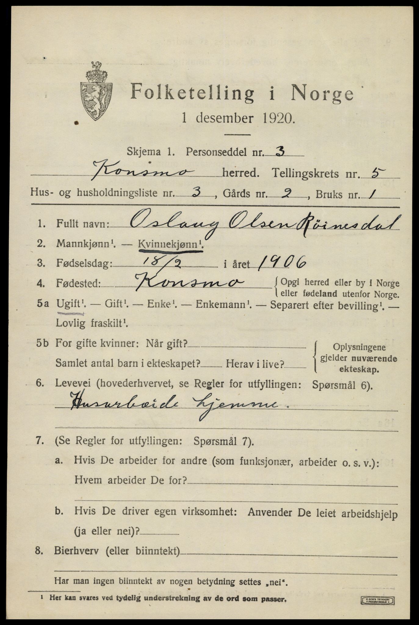 SAK, 1920 census for Konsmo, 1920, p. 1296