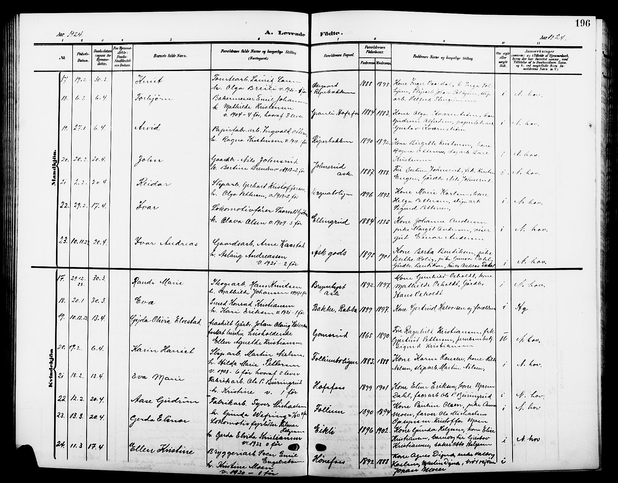 Hønefoss kirkebøker, AV/SAKO-A-609/G/Ga/L0003: Parish register (copy) no. 3, 1905-1925, p. 196