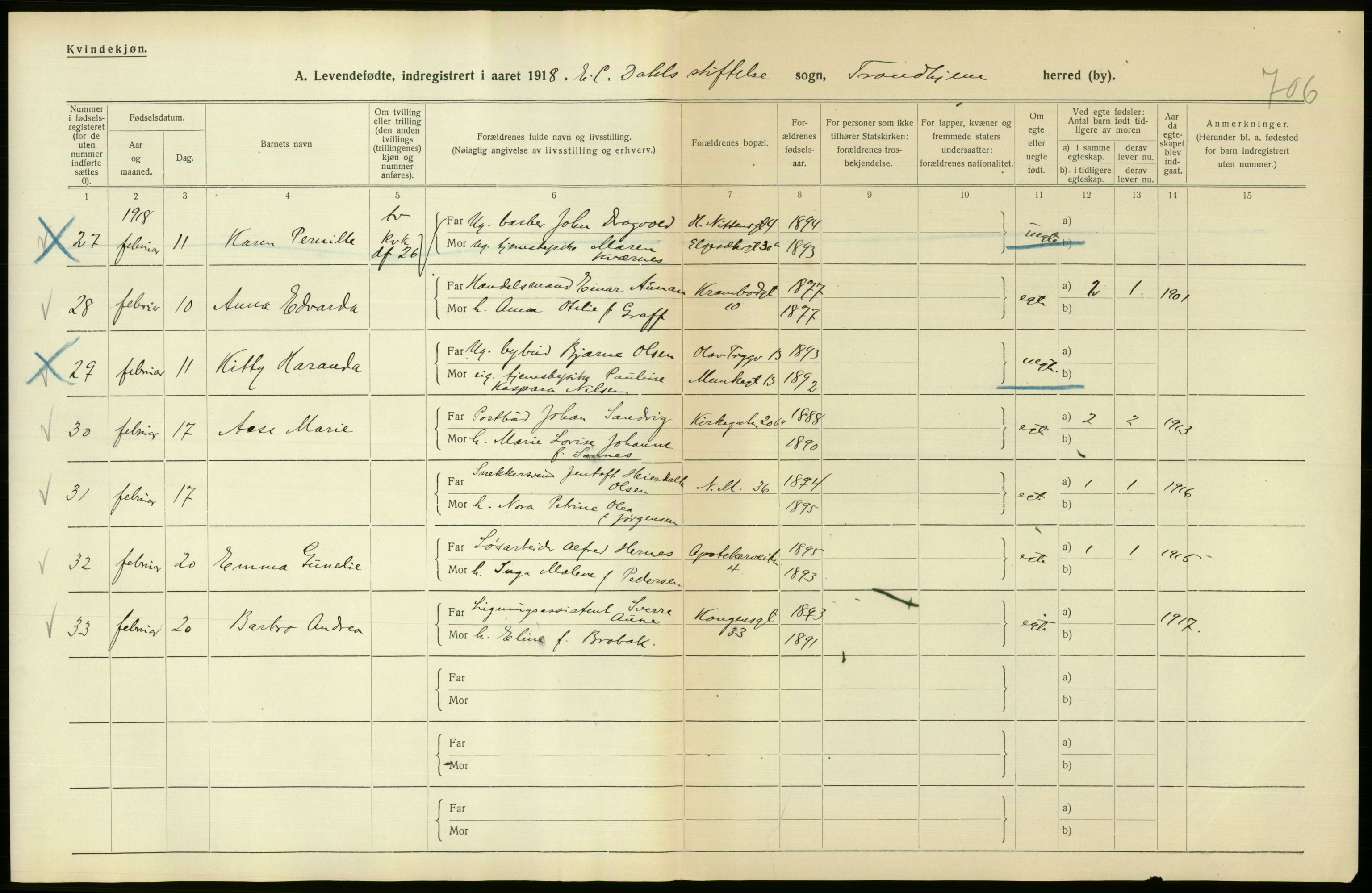 Statistisk sentralbyrå, Sosiodemografiske emner, Befolkning, RA/S-2228/D/Df/Dfb/Dfbh/L0048: Trondheim: Levendefødte menn og kvinner, gifte., 1918, p. 624