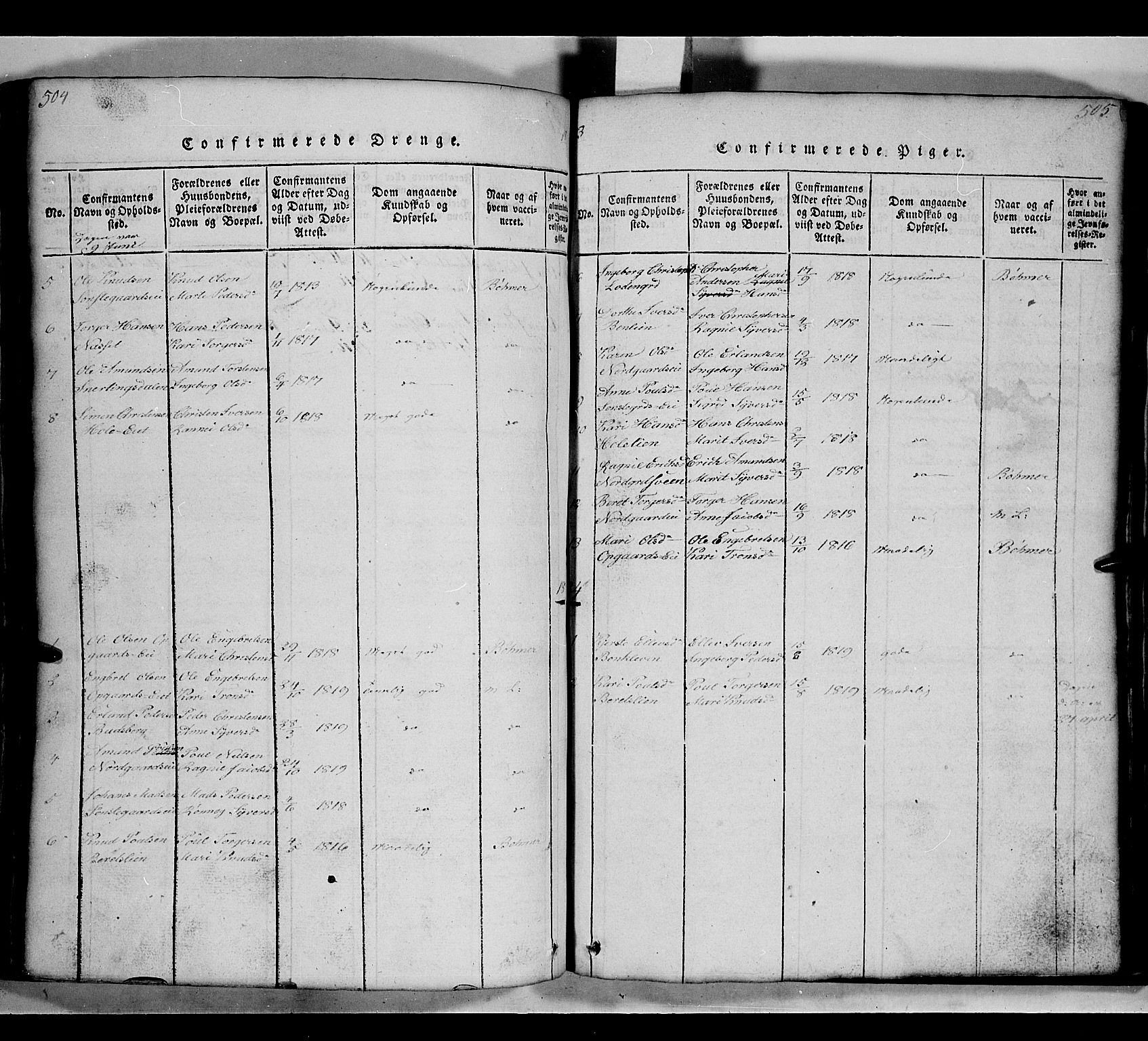 Gausdal prestekontor, SAH/PREST-090/H/Ha/Hab/L0002: Parish register (copy) no. 2, 1818-1874, p. 504-505