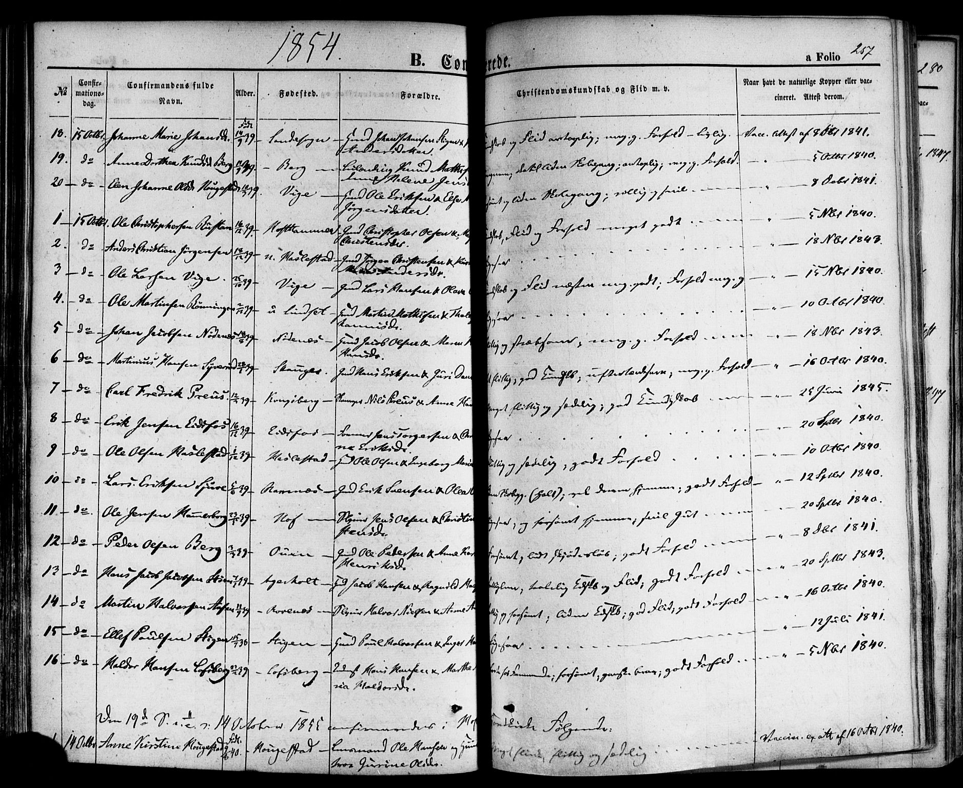 Hof kirkebøker, AV/SAKO-A-64/F/Fa/L0006: Parish register (official) no. I 6, 1851-1877, p. 257