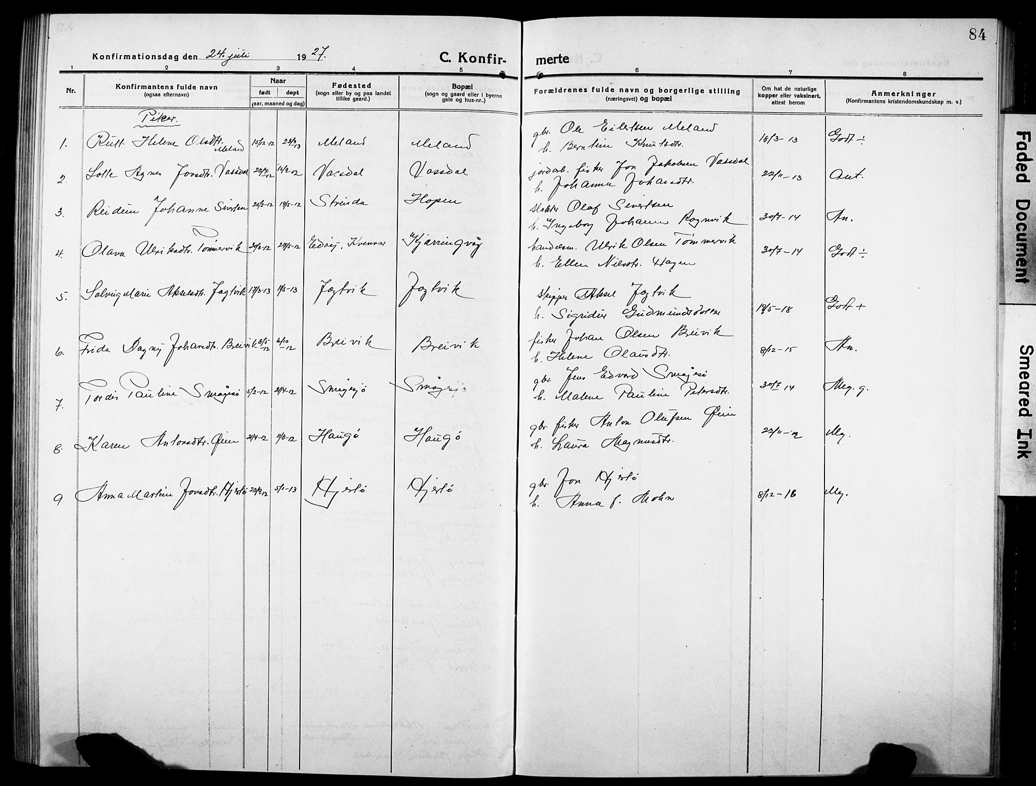 Ministerialprotokoller, klokkerbøker og fødselsregistre - Sør-Trøndelag, SAT/A-1456/634/L0543: Parish register (copy) no. 634C05, 1917-1928, p. 84