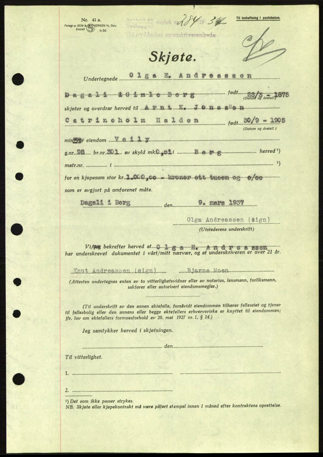 Idd og Marker sorenskriveri, AV/SAO-A-10283/G/Gb/Gbb/L0001: Mortgage book no. A1, 1936-1937, Diary no: : 284/1937