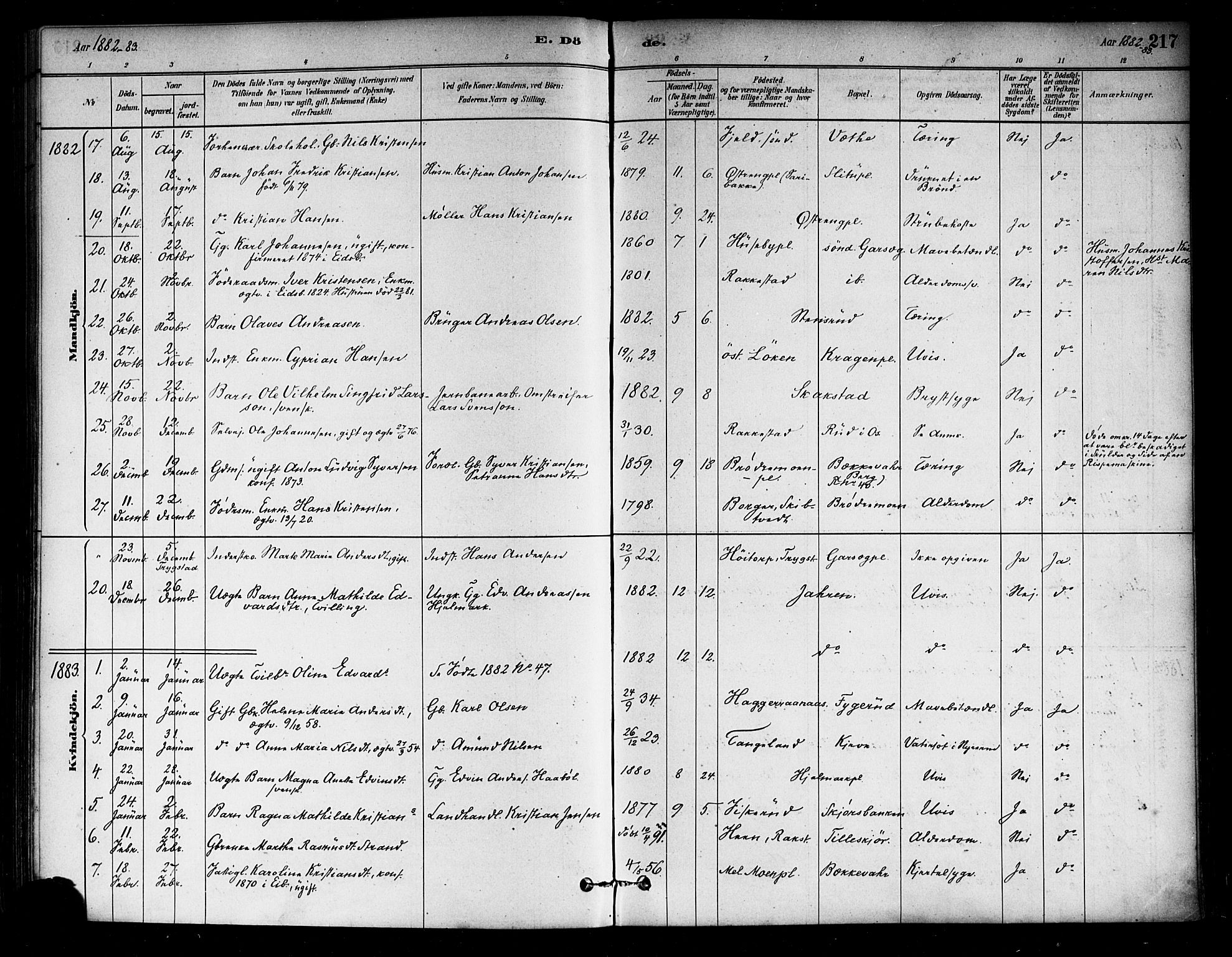 Eidsberg prestekontor Kirkebøker, SAO/A-10905/F/Fa/L0012: Parish register (official) no. I 12, 1879-1901, p. 217