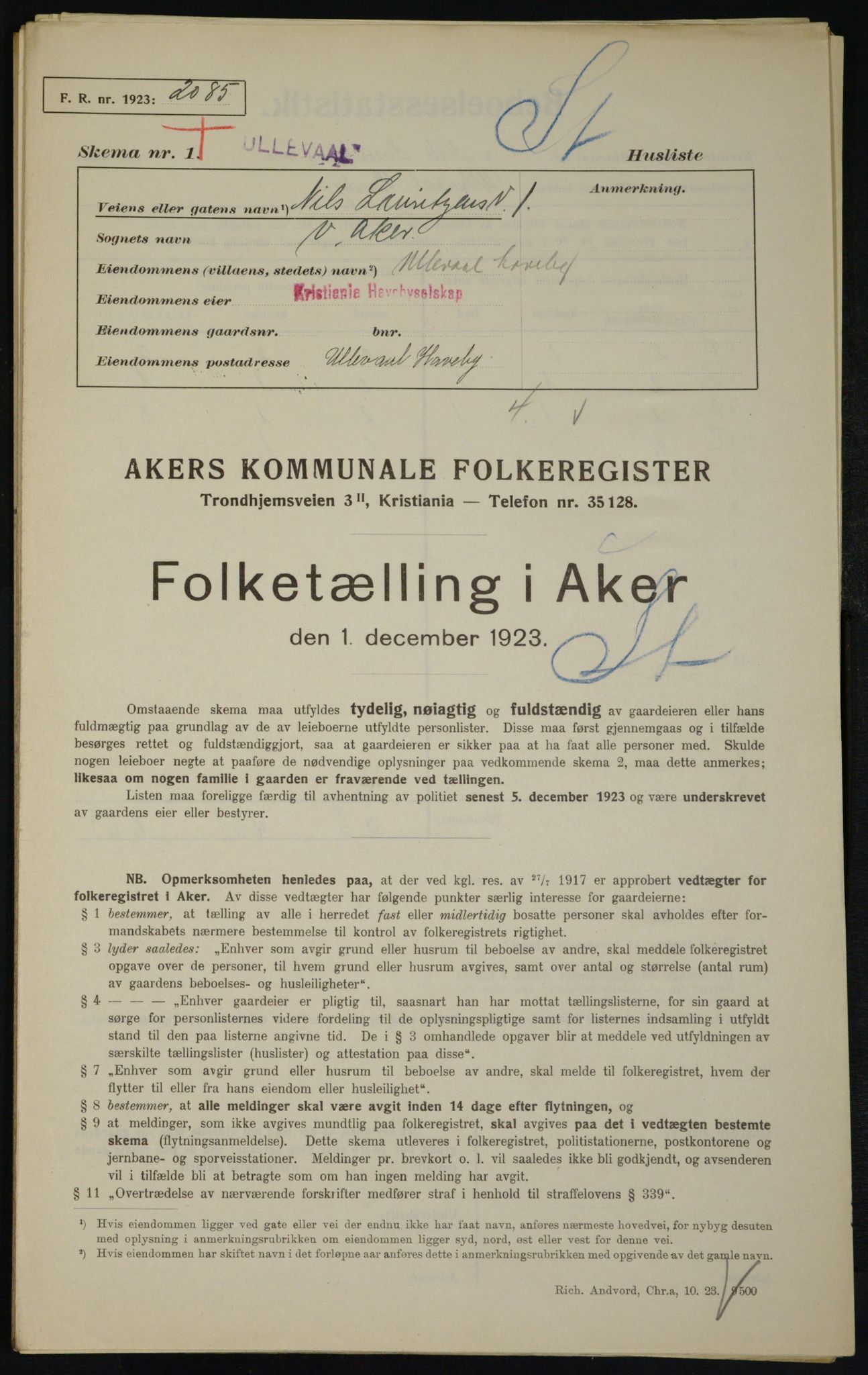 , Municipal Census 1923 for Aker, 1923, p. 21469