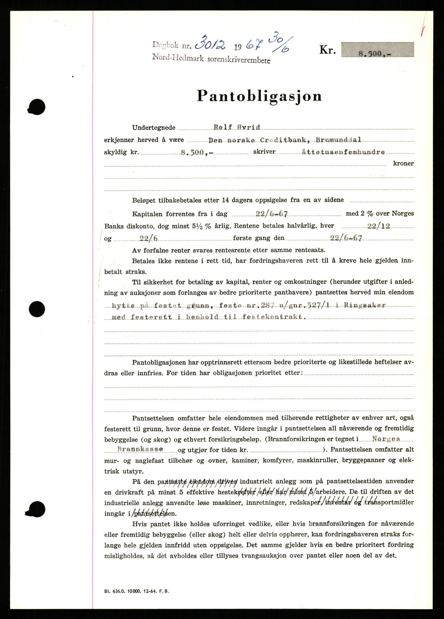 Nord-Hedmark sorenskriveri, SAH/TING-012/H/Hb/Hbf/L0071: Mortgage book no. B71, 1967-1967, Diary no: : 3012/1967