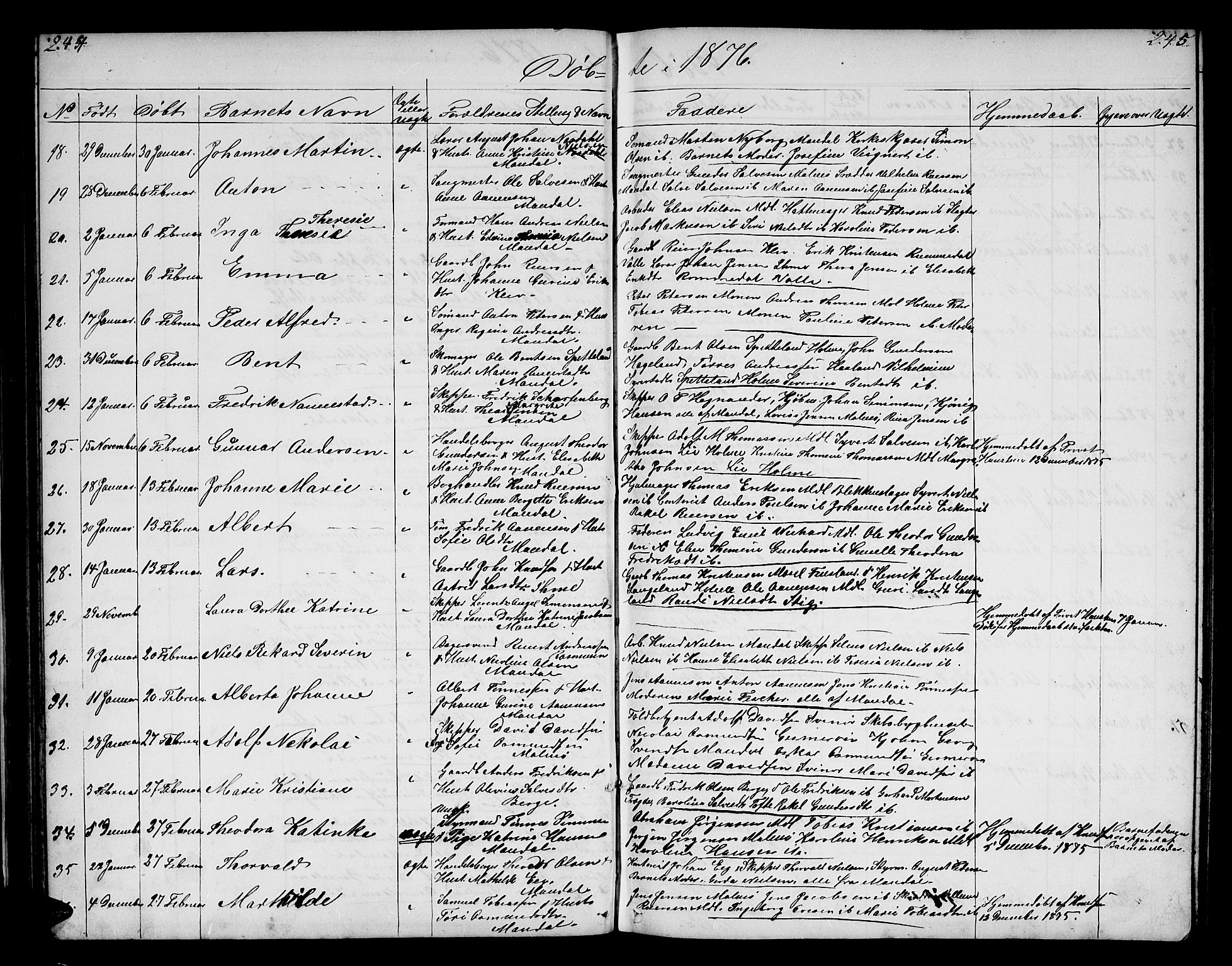 Mandal sokneprestkontor, AV/SAK-1111-0030/F/Fb/Fba/L0009: Parish register (copy) no. B 3, 1867-1877, p. 244-245