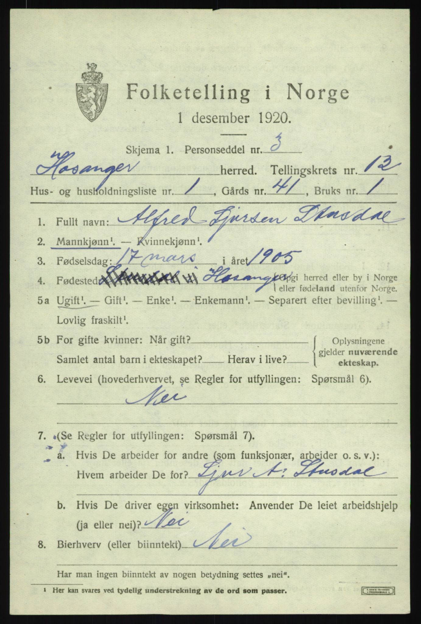 SAB, 1920 census for Hosanger, 1920, p. 4895