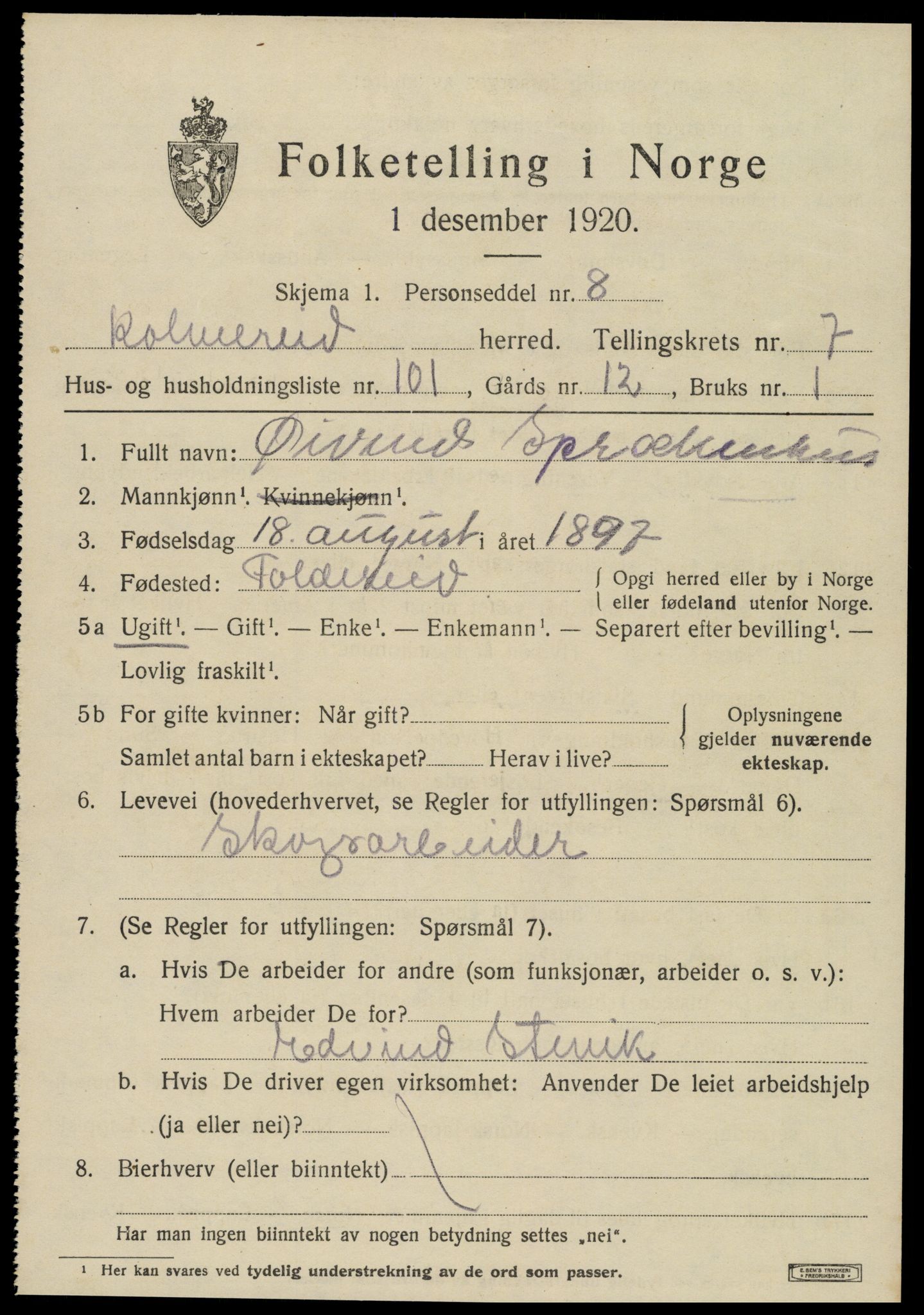 SAT, 1920 census for Kolvereid, 1920, p. 5085