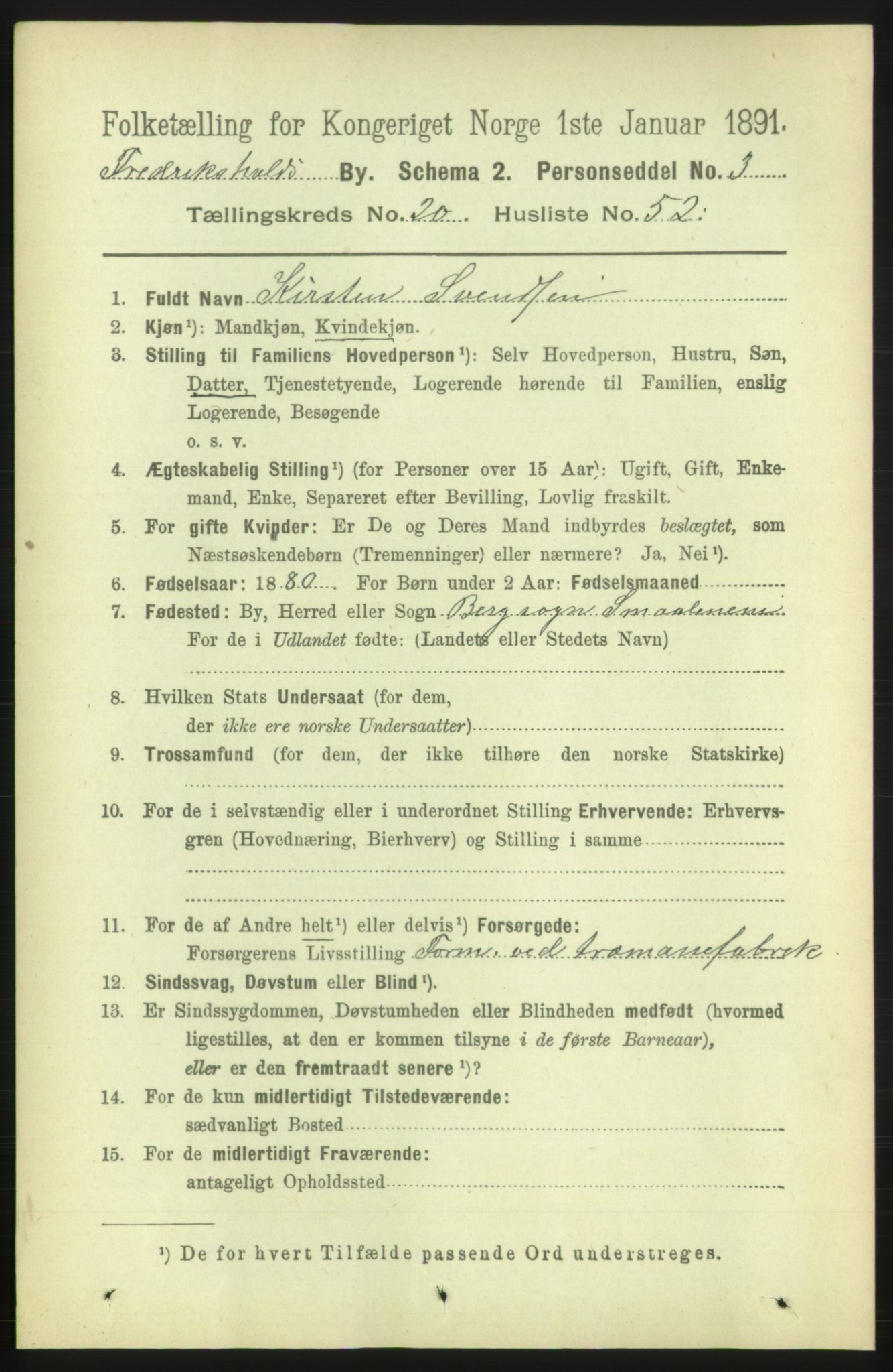 RA, 1891 census for 0101 Fredrikshald, 1891, p. 13071