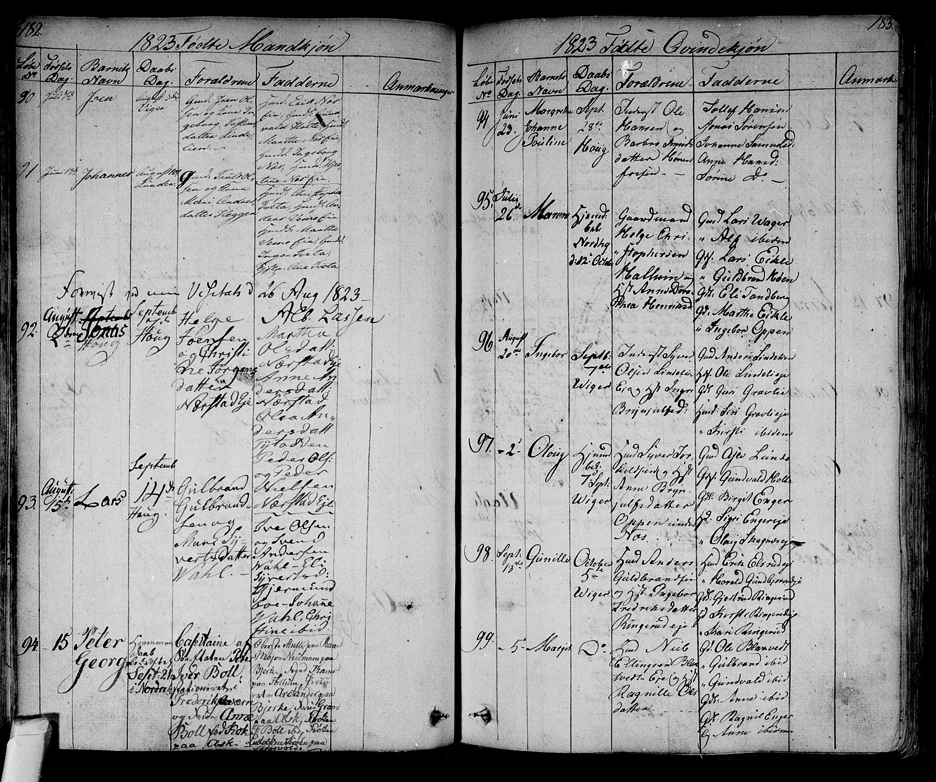 Norderhov kirkebøker, AV/SAKO-A-237/F/Fa/L0009: Parish register (official) no. 9, 1819-1837, p. 182-183