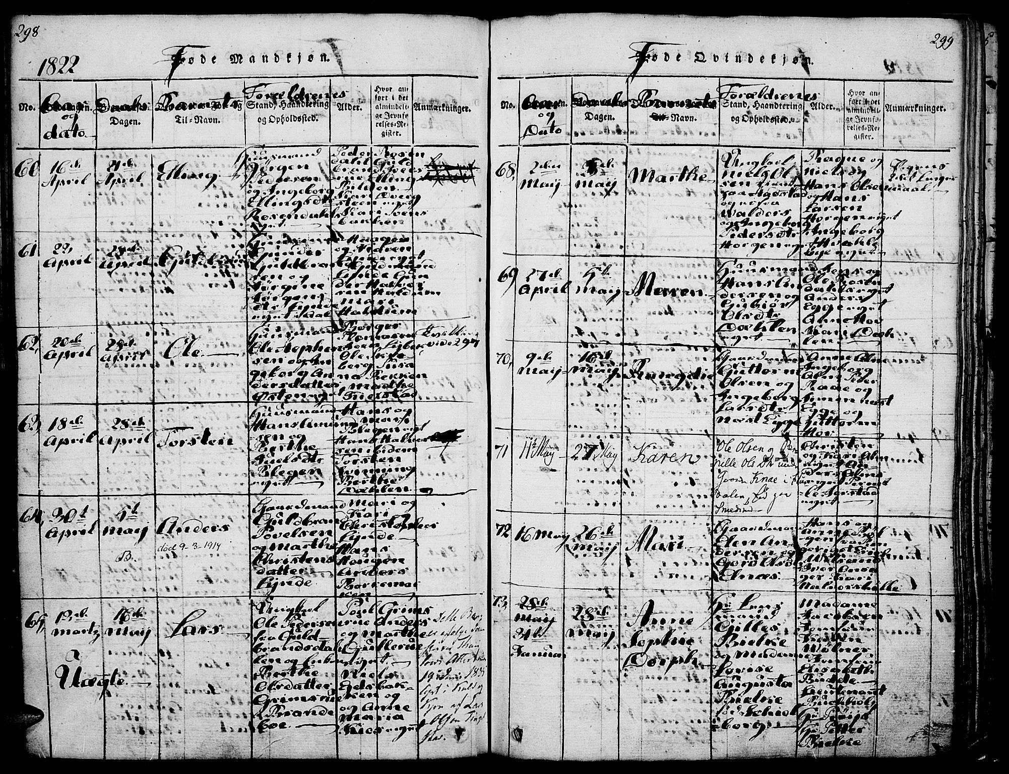 Gran prestekontor, AV/SAH-PREST-112/H/Ha/Haa/L0009: Parish register (official) no. 9, 1815-1824, p. 298-299