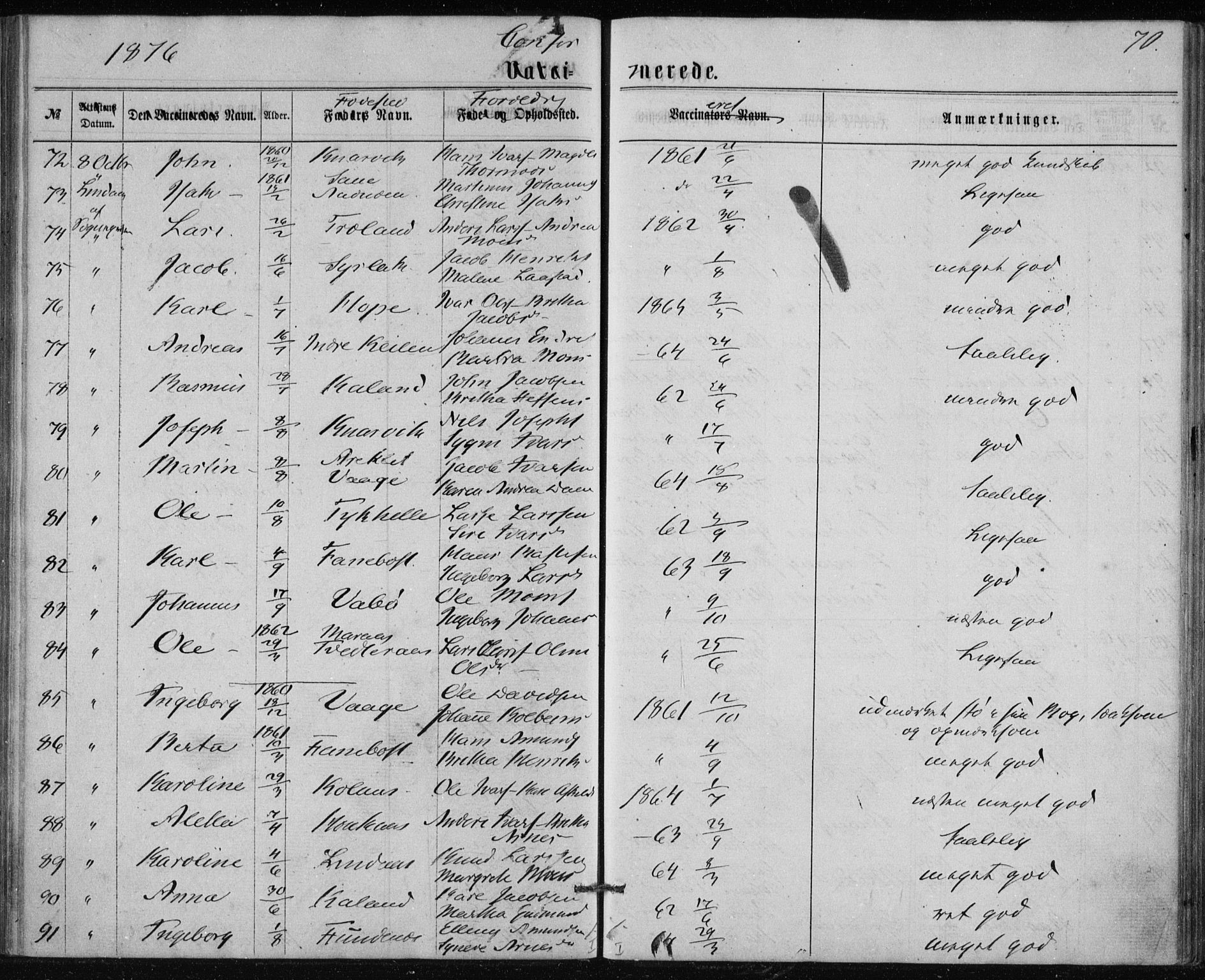 Lindås Sokneprestembete, AV/SAB-A-76701/H/Haa/Haaa/L0017: Parish register (official) no. A 17, 1874-1877, p. 70