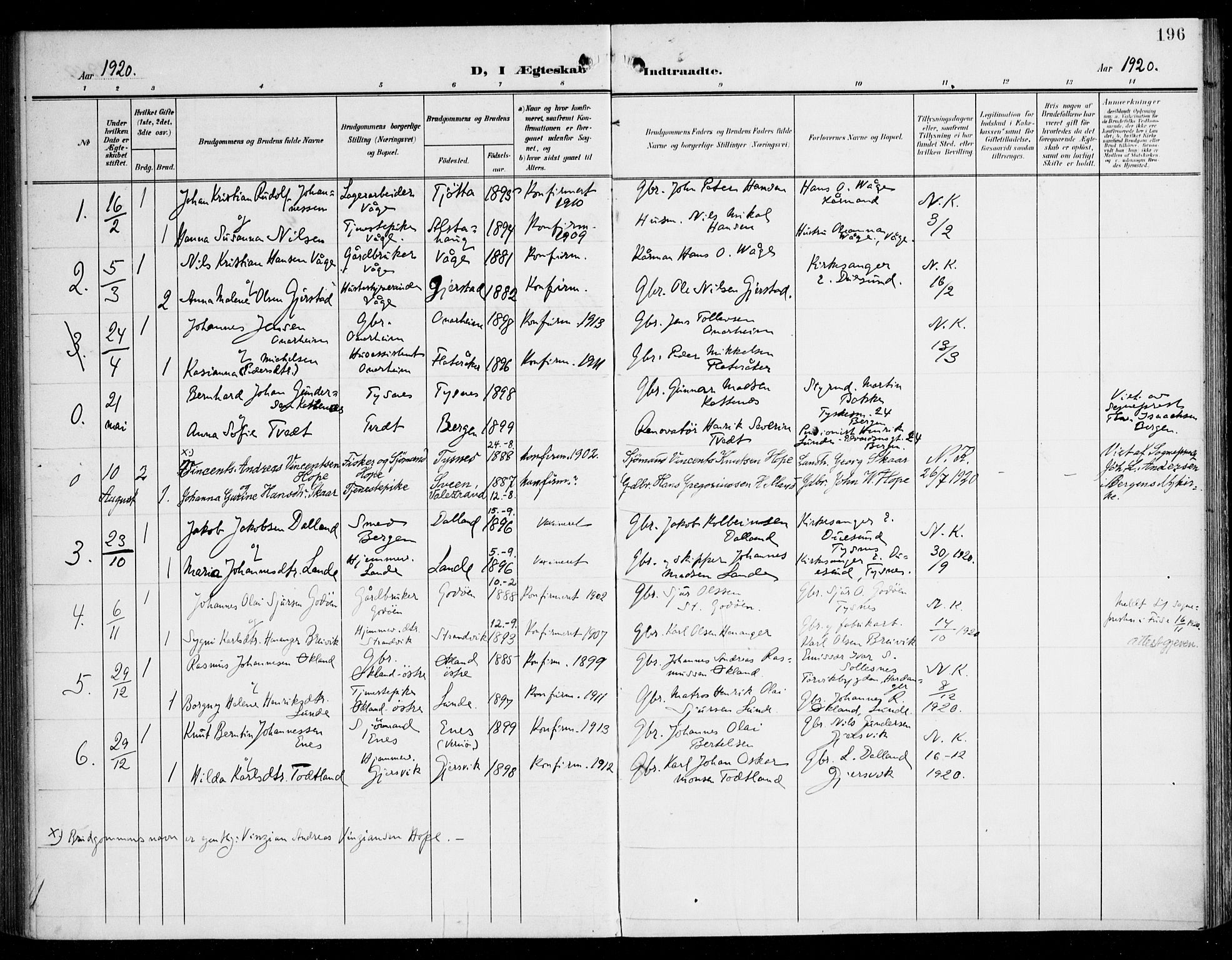 Tysnes sokneprestembete, SAB/A-78601/H/Haa: Parish register (official) no. B 2, 1907-1925, p. 196