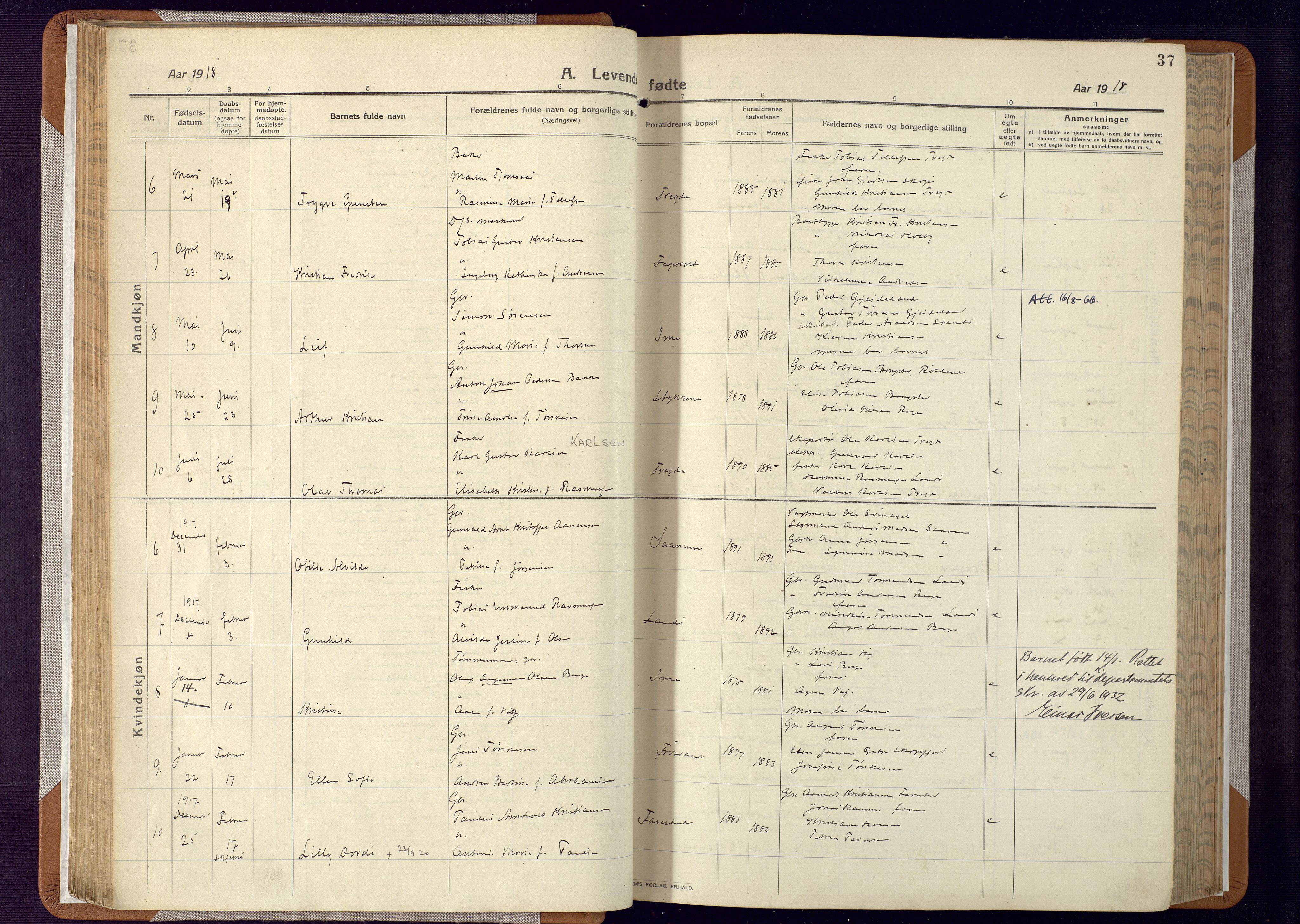 Mandal sokneprestkontor, SAK/1111-0030/F/Fa/Faa/L0022: Parish register (official) no. A 22, 1913-1925, p. 37