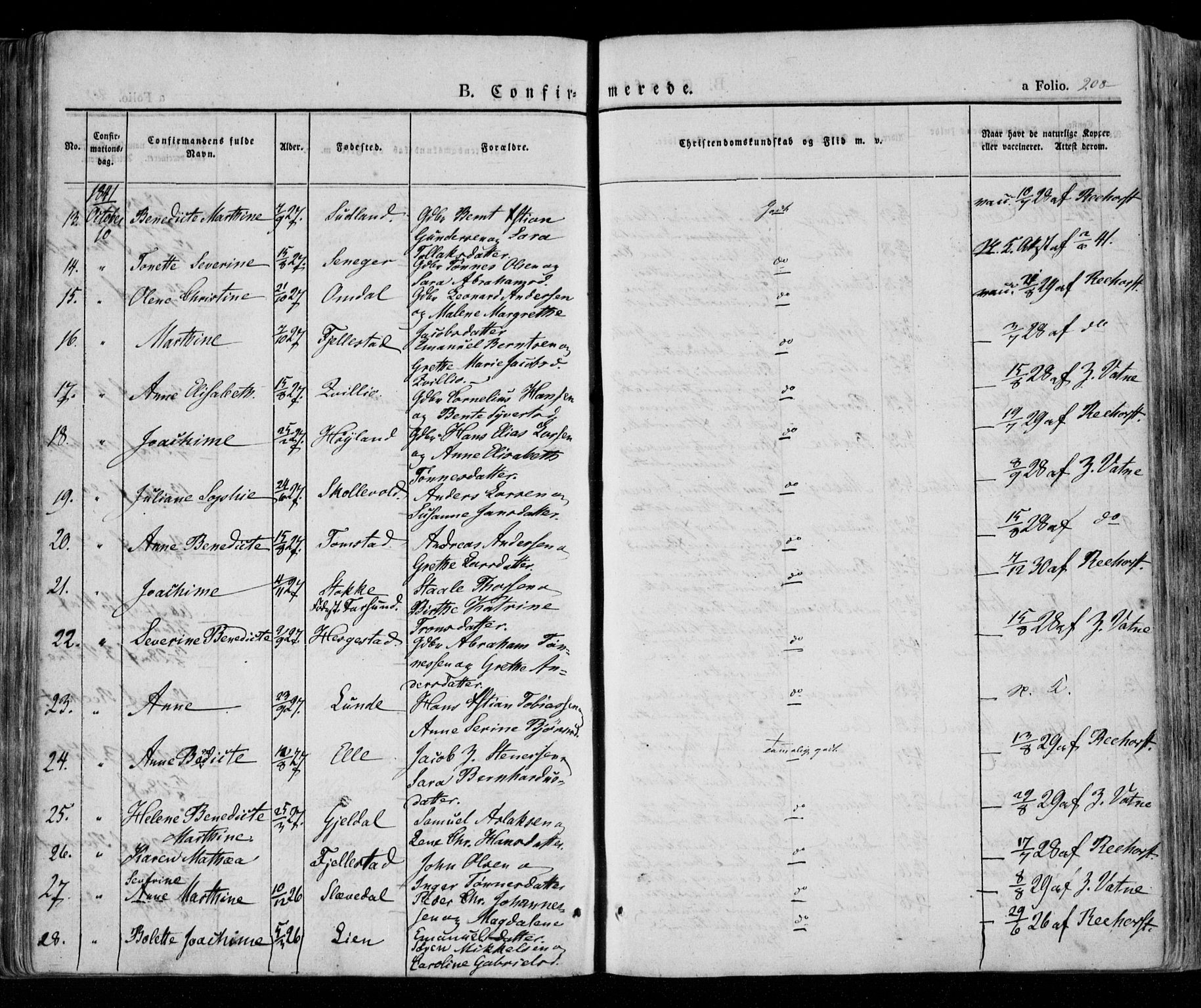 Lista sokneprestkontor, AV/SAK-1111-0027/F/Fa/L0009: Parish register (official) no. A 9, 1835-1846, p. 208