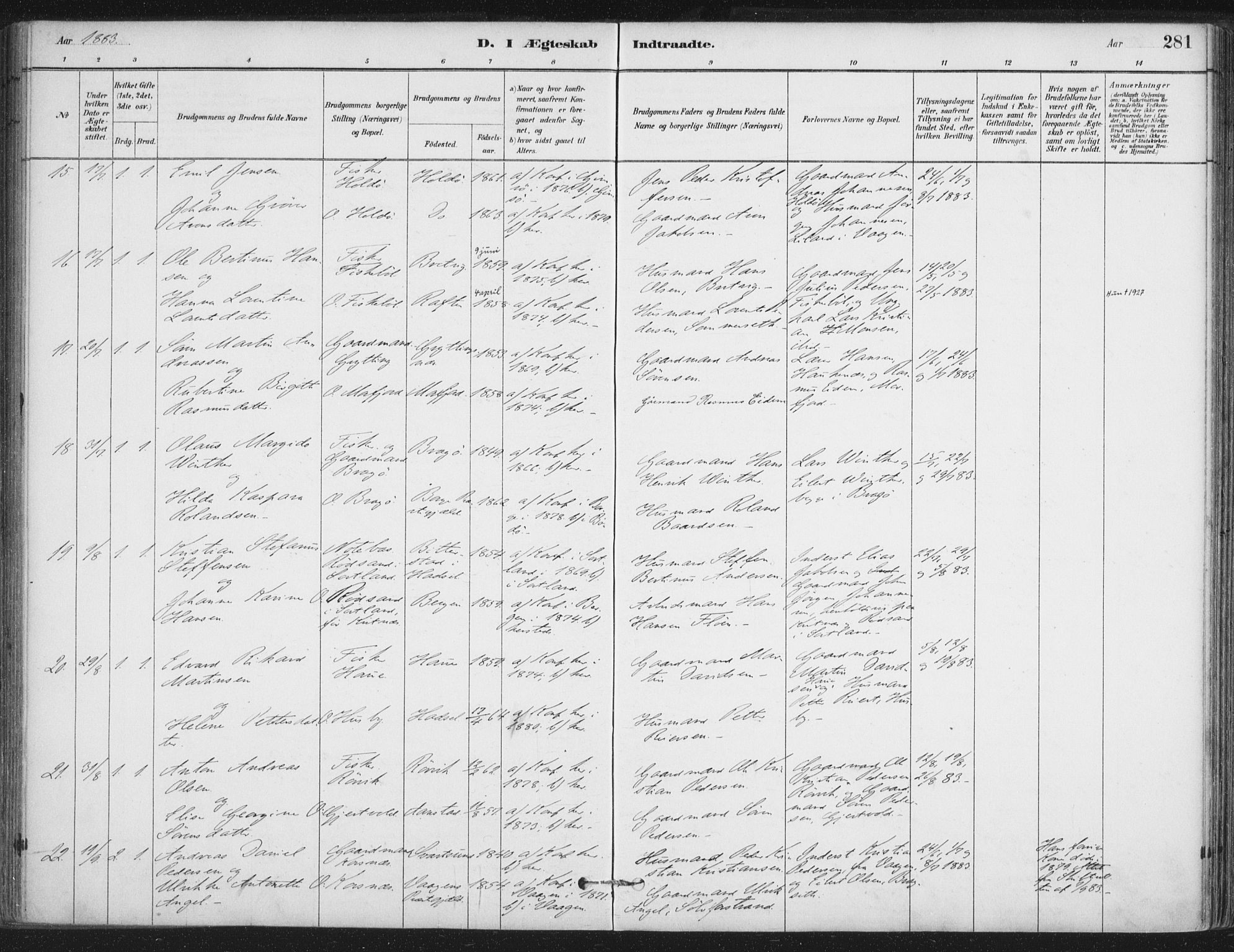 Ministerialprotokoller, klokkerbøker og fødselsregistre - Nordland, AV/SAT-A-1459/888/L1244: Parish register (official) no. 888A10, 1880-1890, p. 281