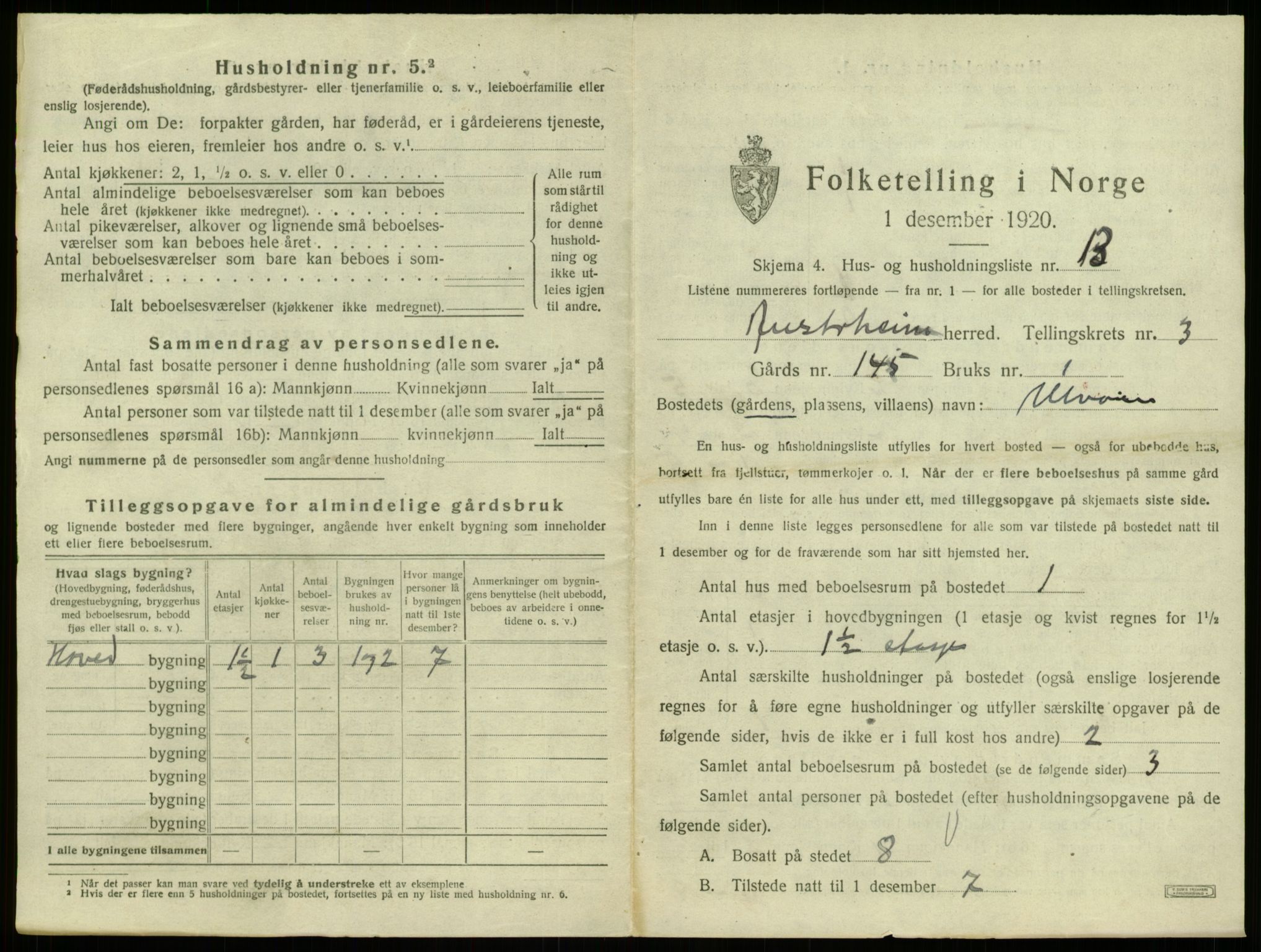 SAB, 1920 census for Austrheim, 1920, p. 191