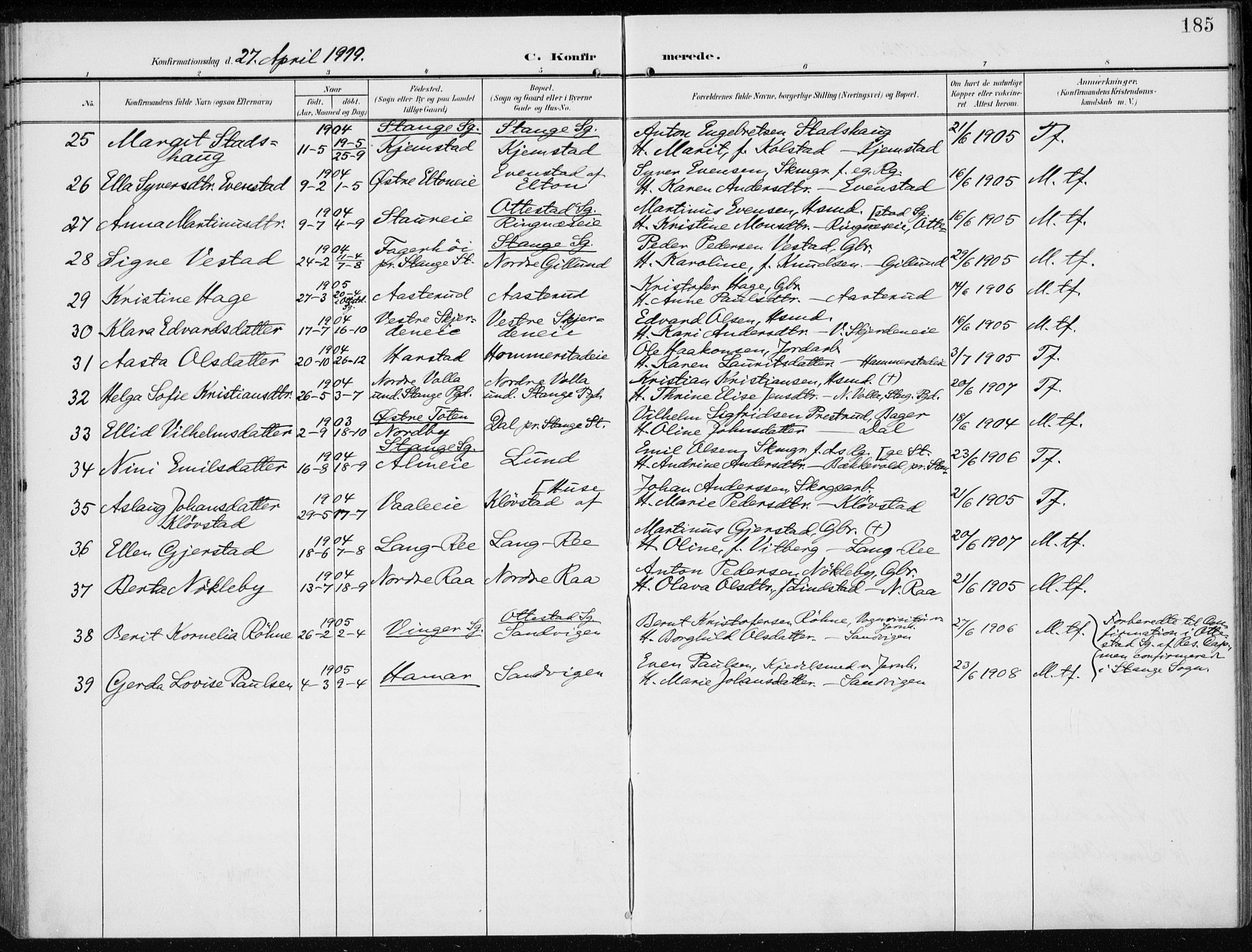 Stange prestekontor, AV/SAH-PREST-002/K/L0024: Parish register (official) no. 24, 1906-1922, p. 185