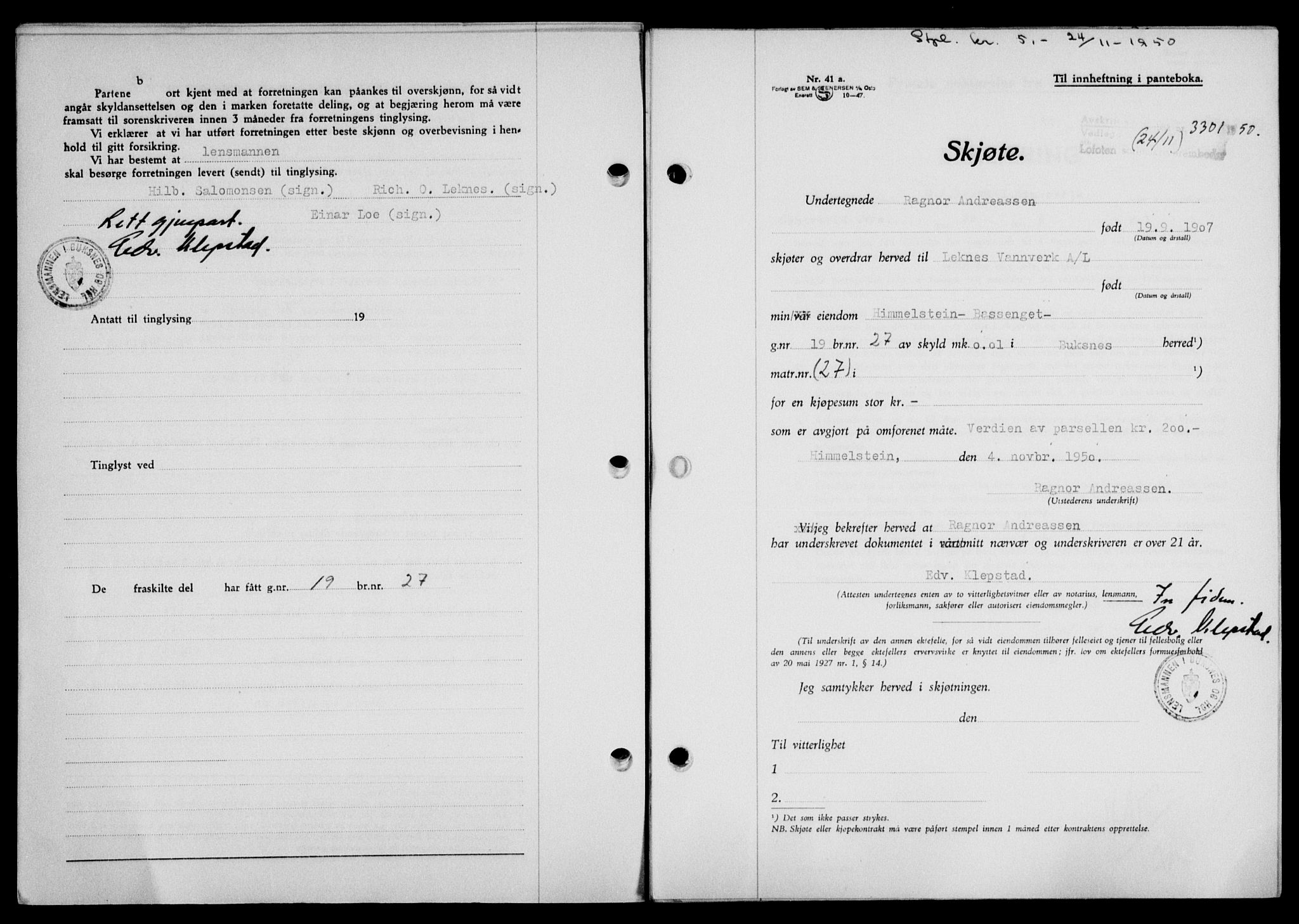 Lofoten sorenskriveri, SAT/A-0017/1/2/2C/L0025a: Mortgage book no. 25a, 1950-1951, Diary no: : 3301/1950