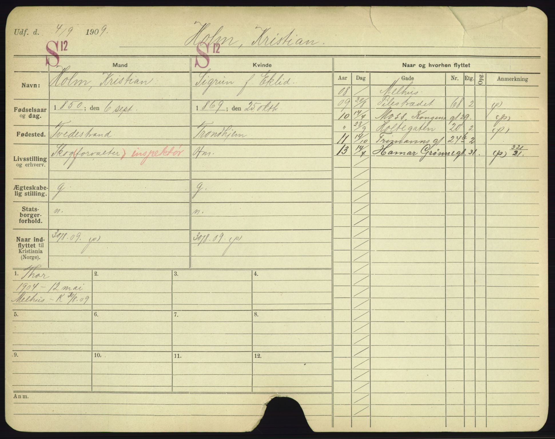 Oslo folkeregister, Registerkort, AV/SAO-A-11715/F/Fa/Fac/L0004: Menn, 1906-1914, p. 876a