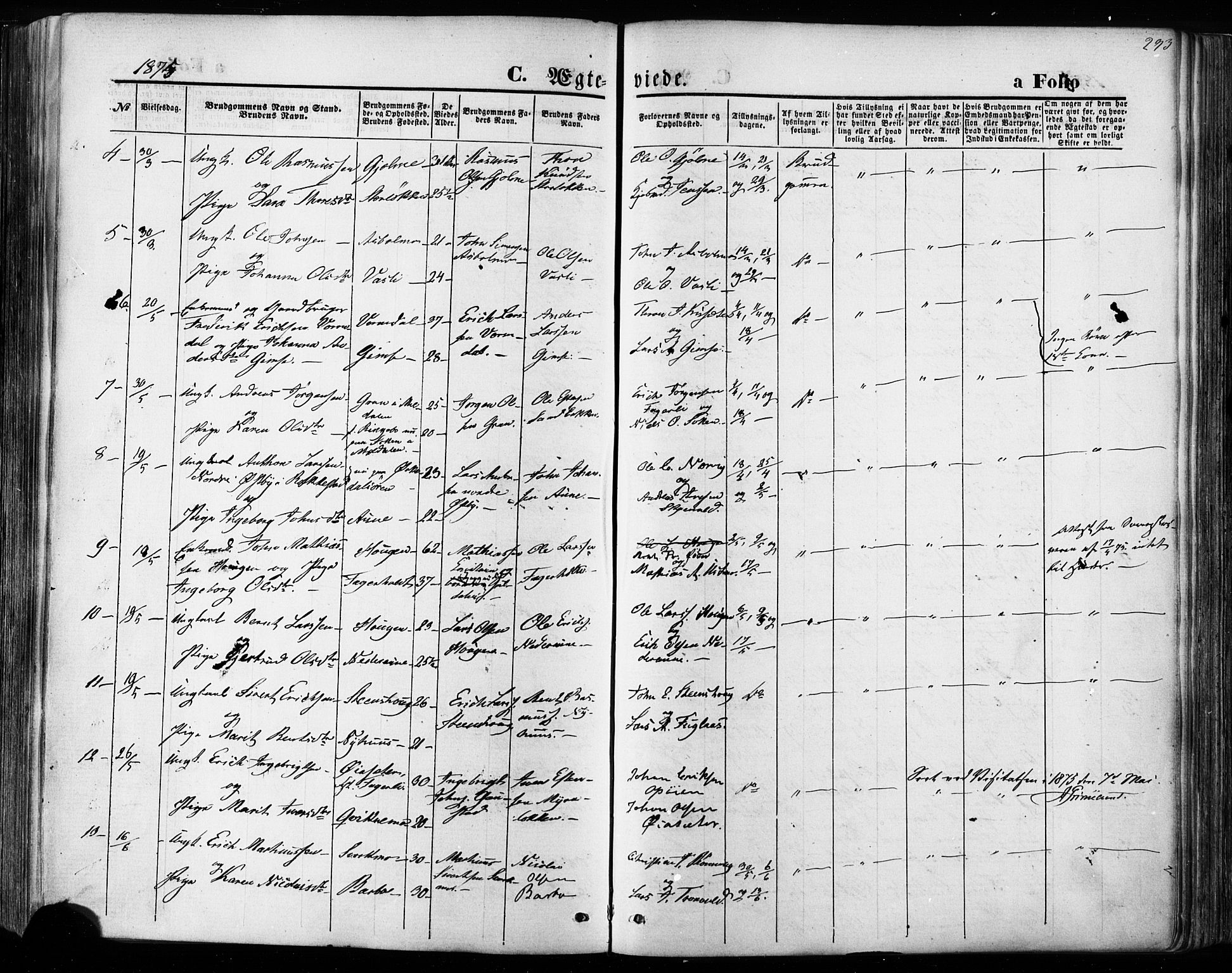 Ministerialprotokoller, klokkerbøker og fødselsregistre - Sør-Trøndelag, AV/SAT-A-1456/668/L0807: Parish register (official) no. 668A07, 1870-1880, p. 293