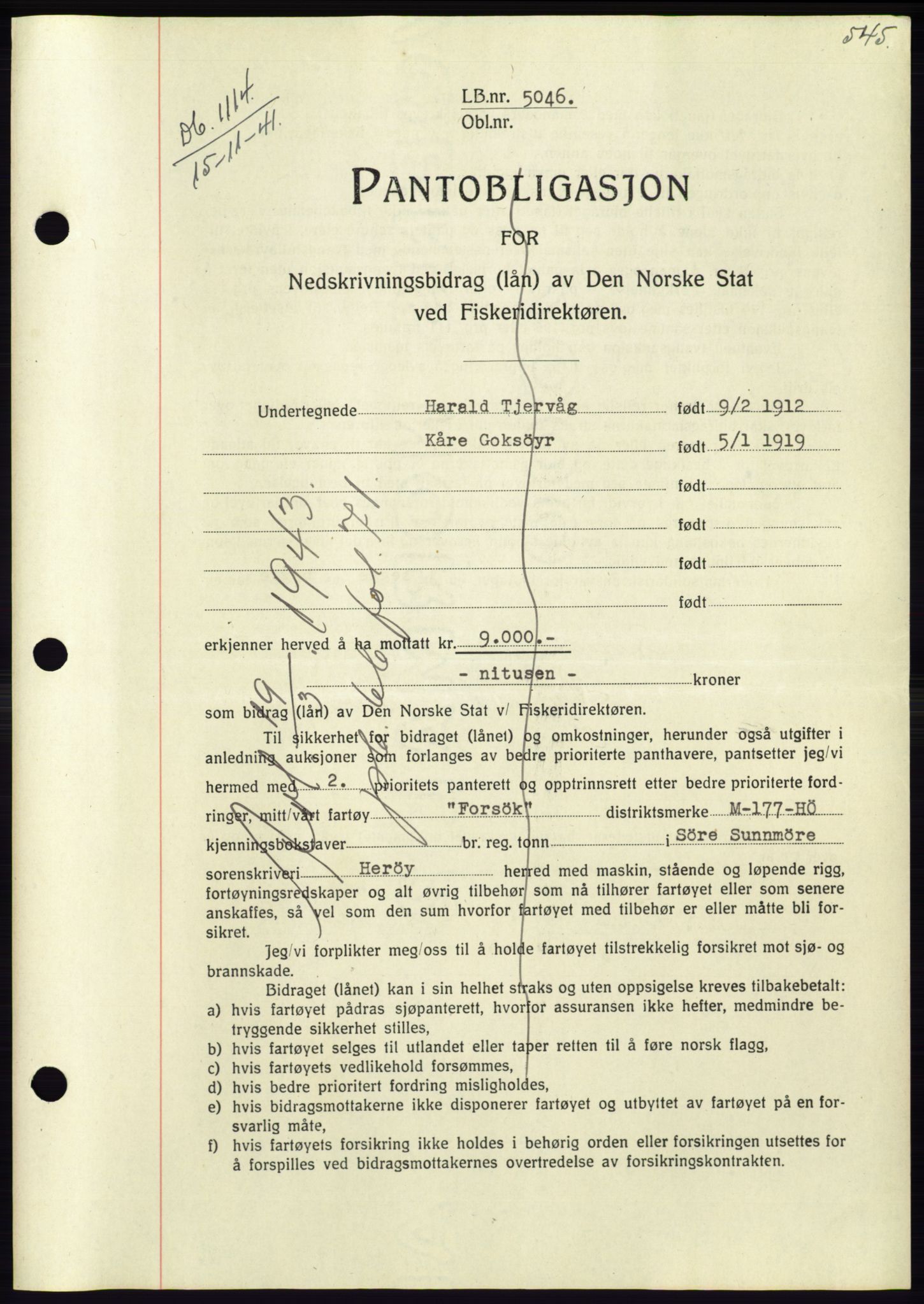 Søre Sunnmøre sorenskriveri, AV/SAT-A-4122/1/2/2C/L0071: Mortgage book no. 65, 1941-1941, Diary no: : 1114/1941