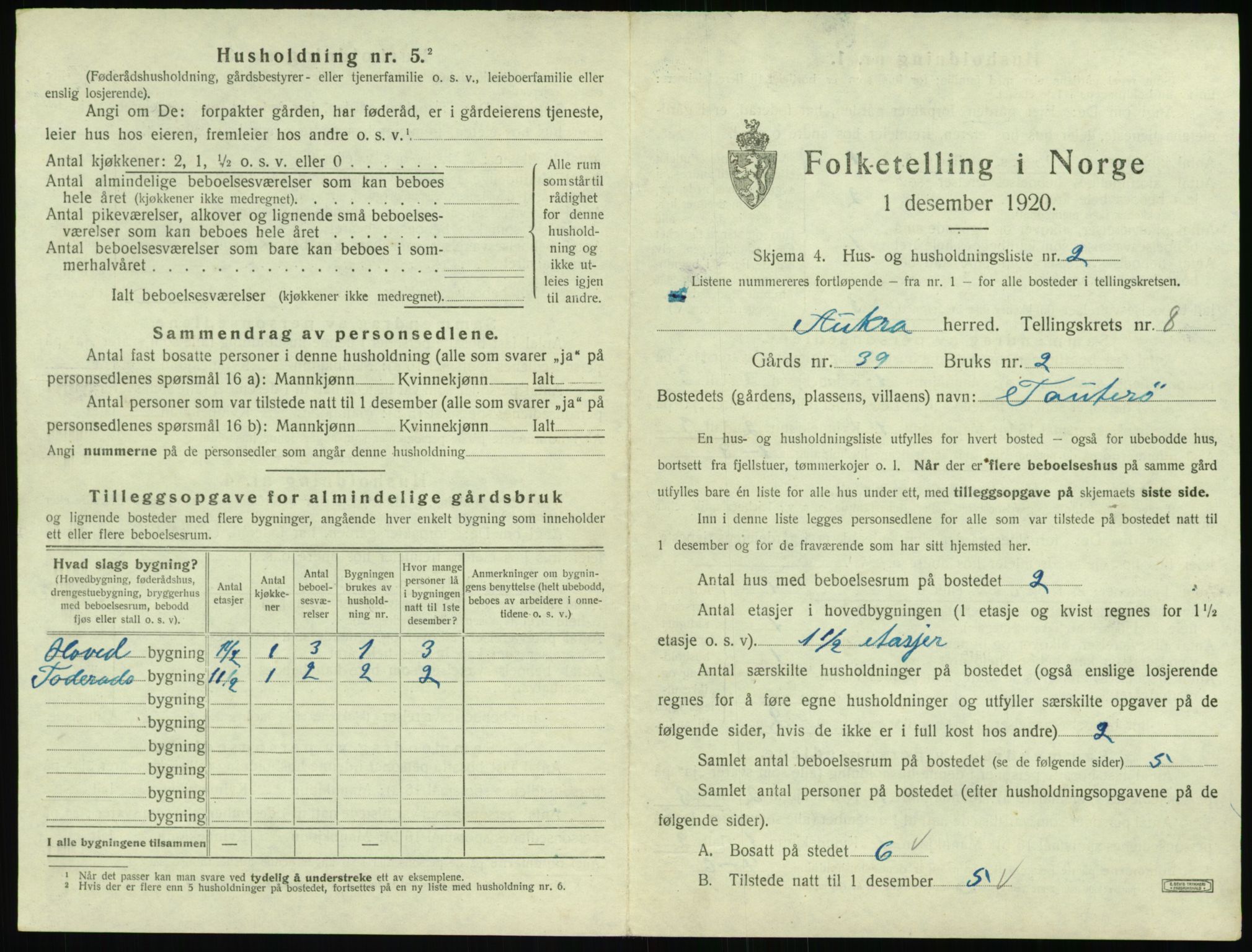 SAT, 1920 census for Aukra, 1920, p. 605