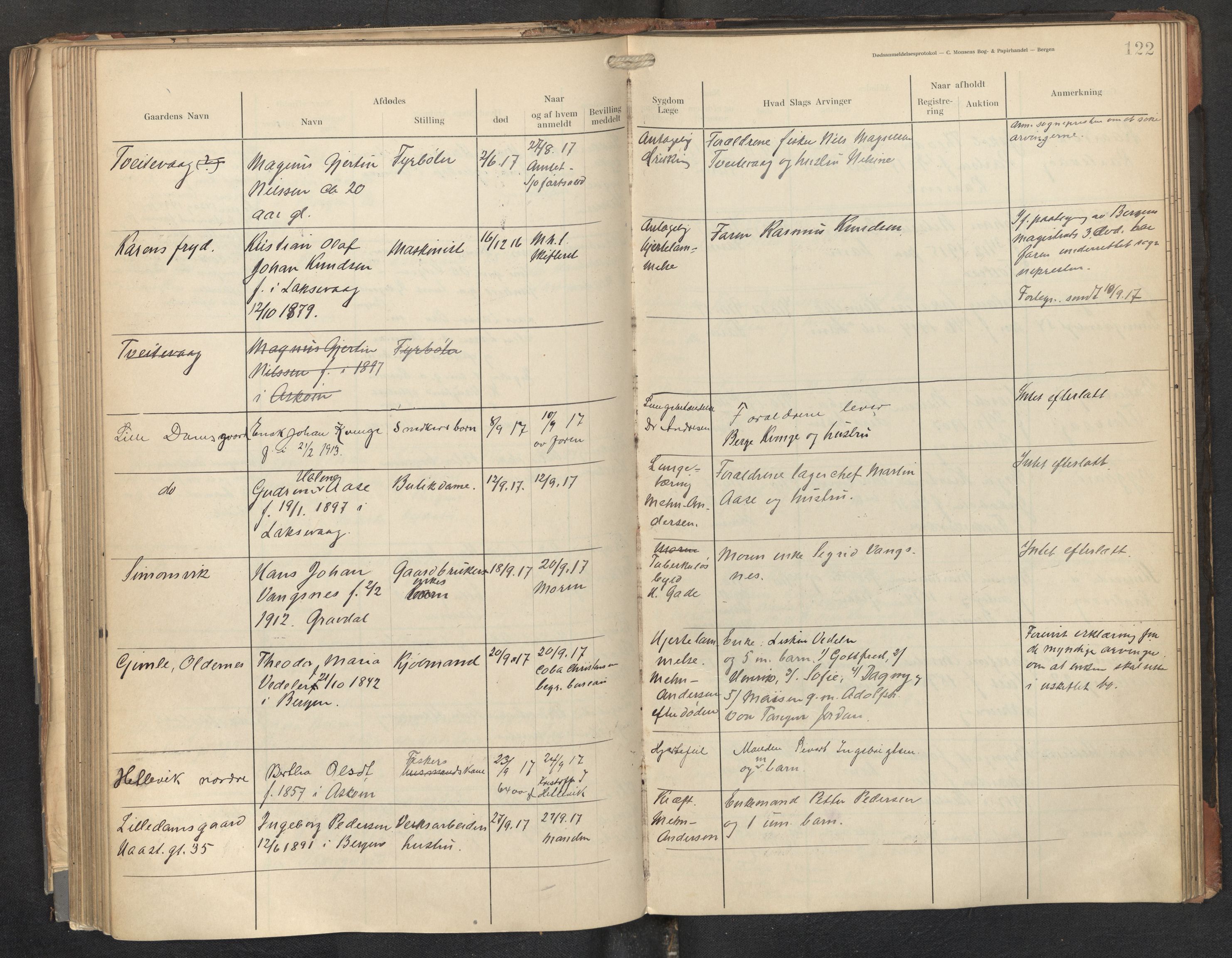 Lensmannen i Askøy, AV/SAB-A-31001/0006/L0001: Dødsfallprotokoll med register , 1907-1921, p. 122