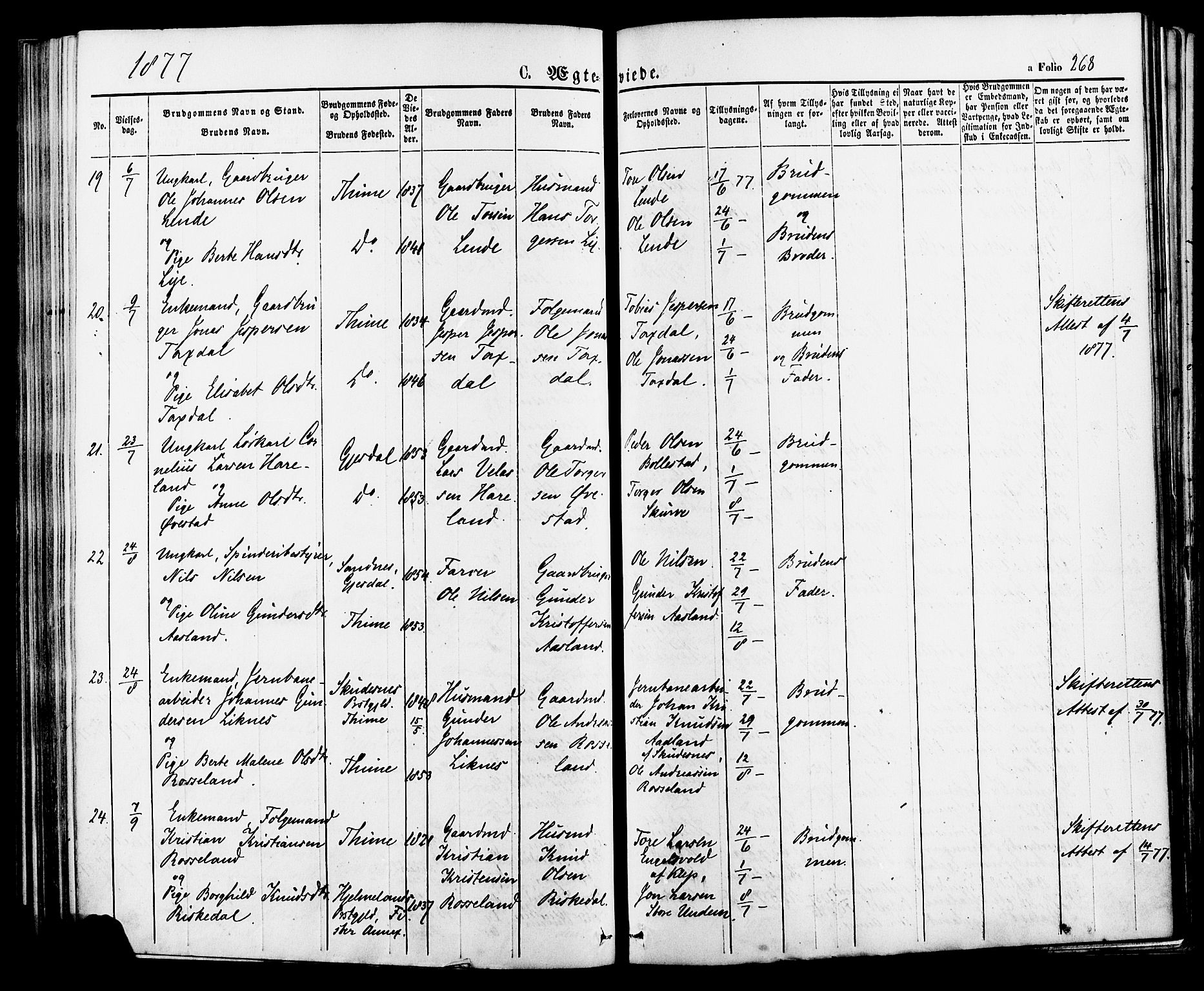 Lye sokneprestkontor, SAST/A-101794/001/30BA/L0008: Parish register (official) no. A 7, 1872-1881, p. 268