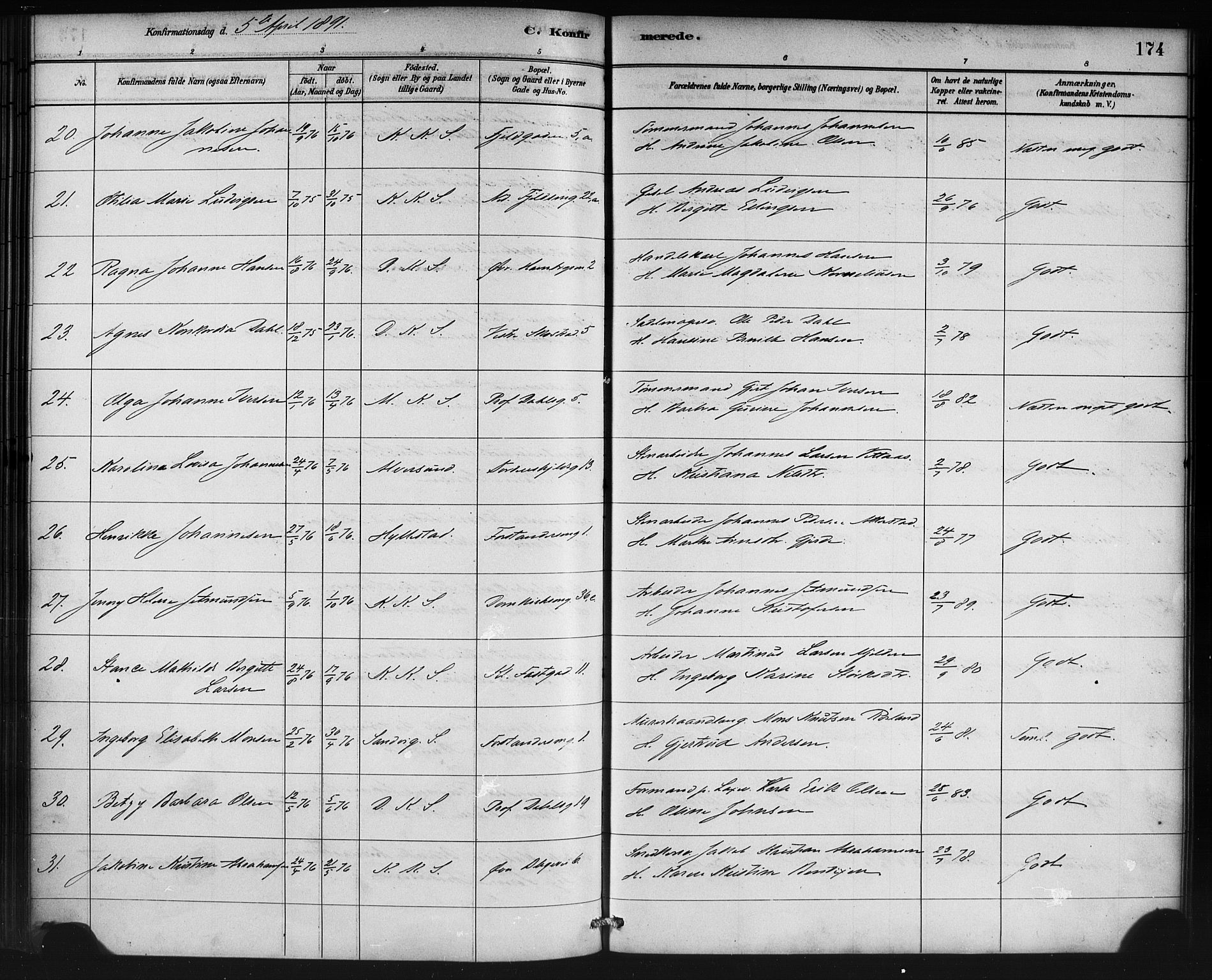 Korskirken sokneprestembete, SAB/A-76101/H/Haa/L0029: Parish register (official) no. C 5, 1880-1892, p. 174