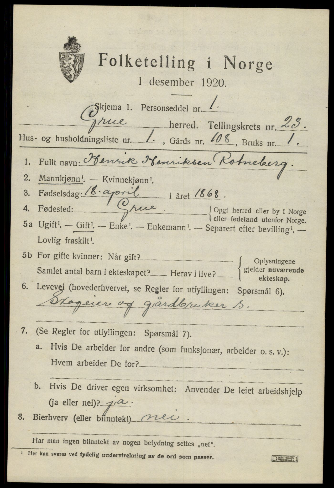 SAH, 1920 census for Grue, 1920, p. 15791