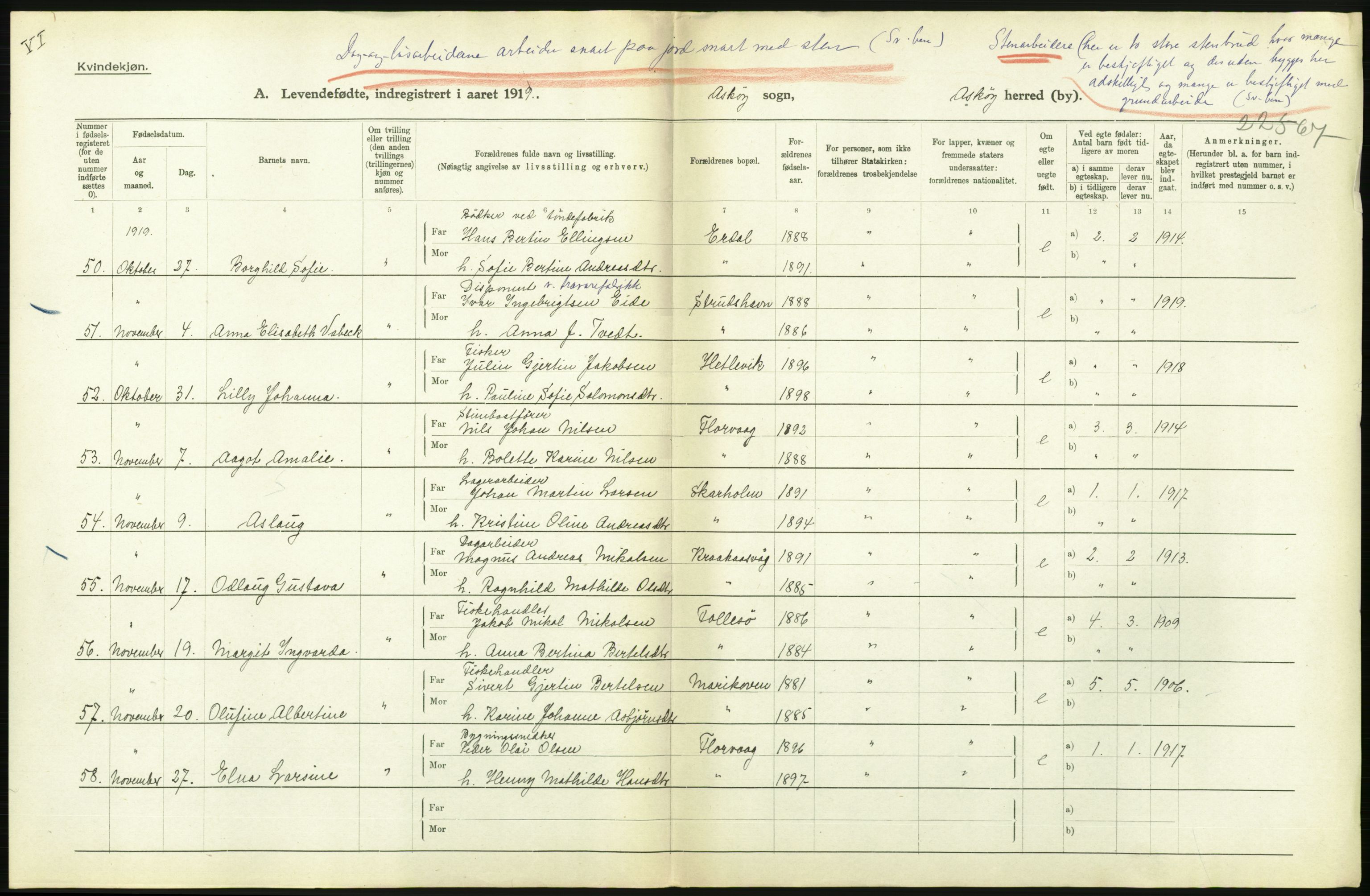 Statistisk sentralbyrå, Sosiodemografiske emner, Befolkning, RA/S-2228/D/Df/Dfb/Dfbi/L0031: Hordaland fylke: Levendefødte menn og kvinner. Bygder., 1919, p. 330