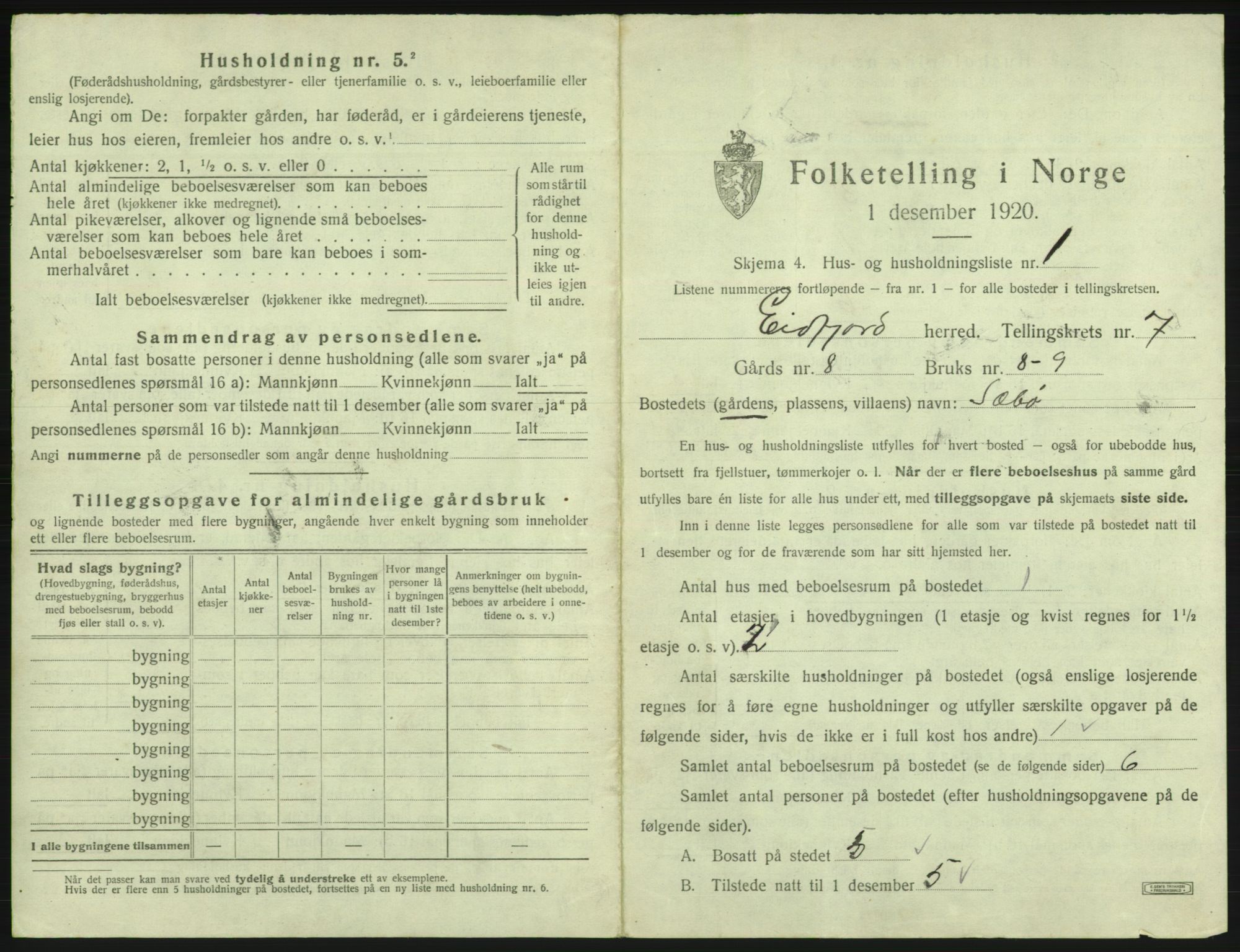 SAB, 1920 census for Eidfjord, 1920, p. 408