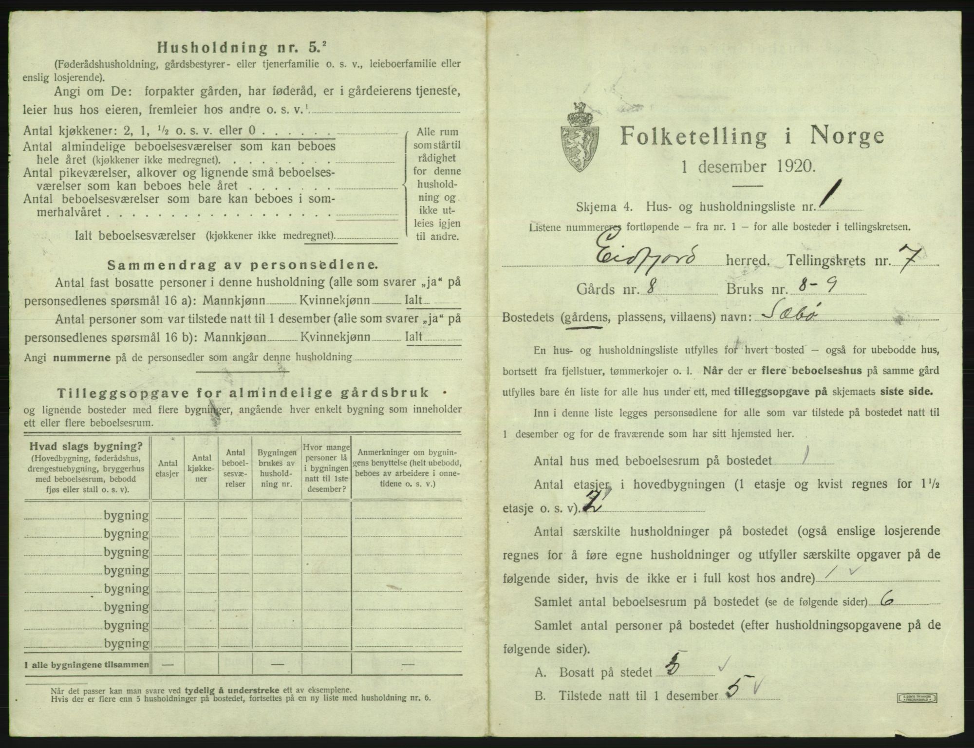 SAB, 1920 census for Eidfjord, 1920, p. 408