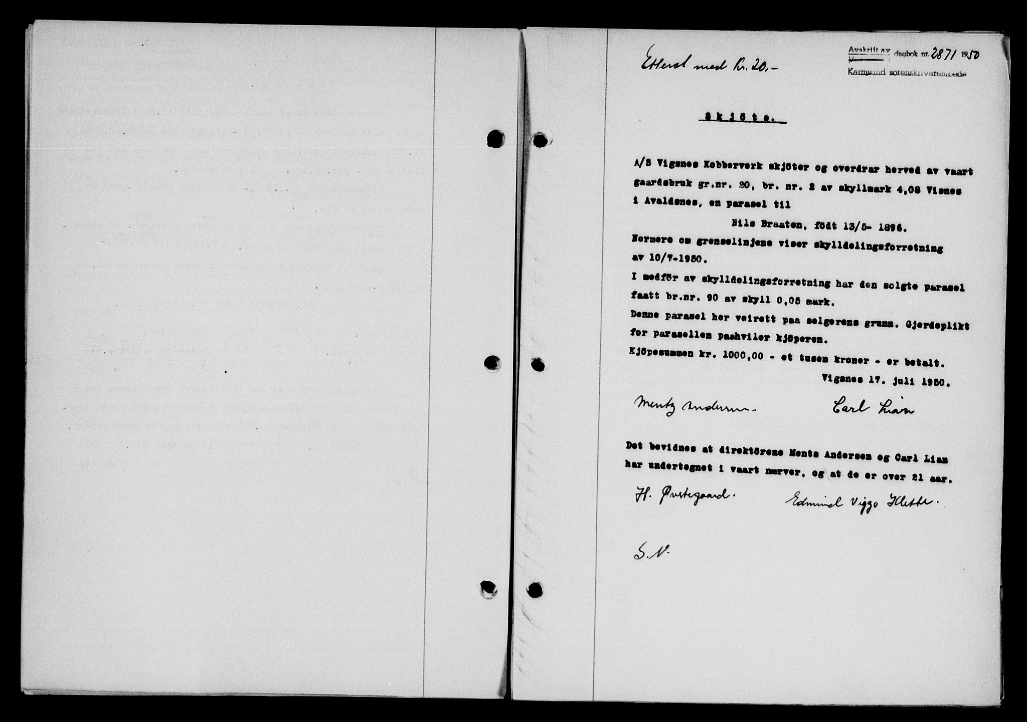 Karmsund sorenskriveri, SAST/A-100311/01/II/IIB/L0101: Mortgage book no. 81A, 1950-1951, Diary no: : 2871/1950