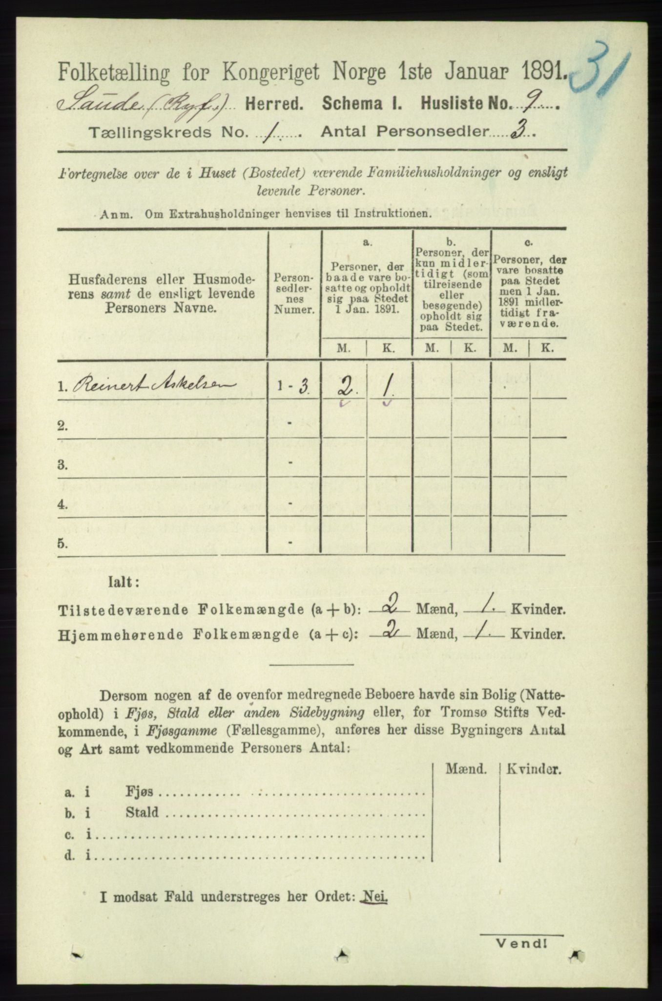 RA, 1891 census for 1135 Sauda, 1891, p. 26