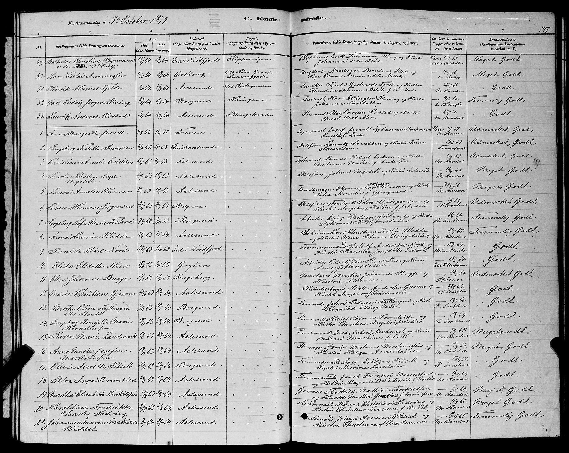 Ministerialprotokoller, klokkerbøker og fødselsregistre - Møre og Romsdal, AV/SAT-A-1454/529/L0466: Parish register (copy) no. 529C03, 1878-1888, p. 147