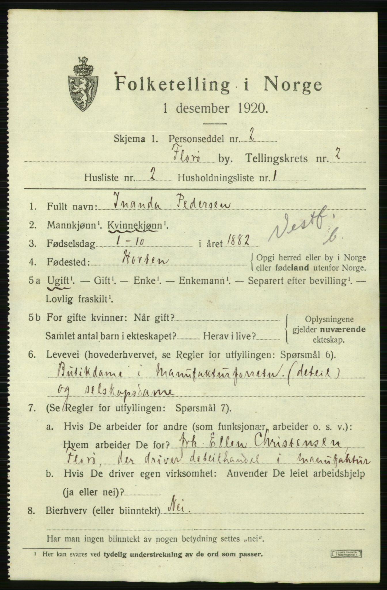 SAB, 1920 census for Florø, 1920, p. 2054