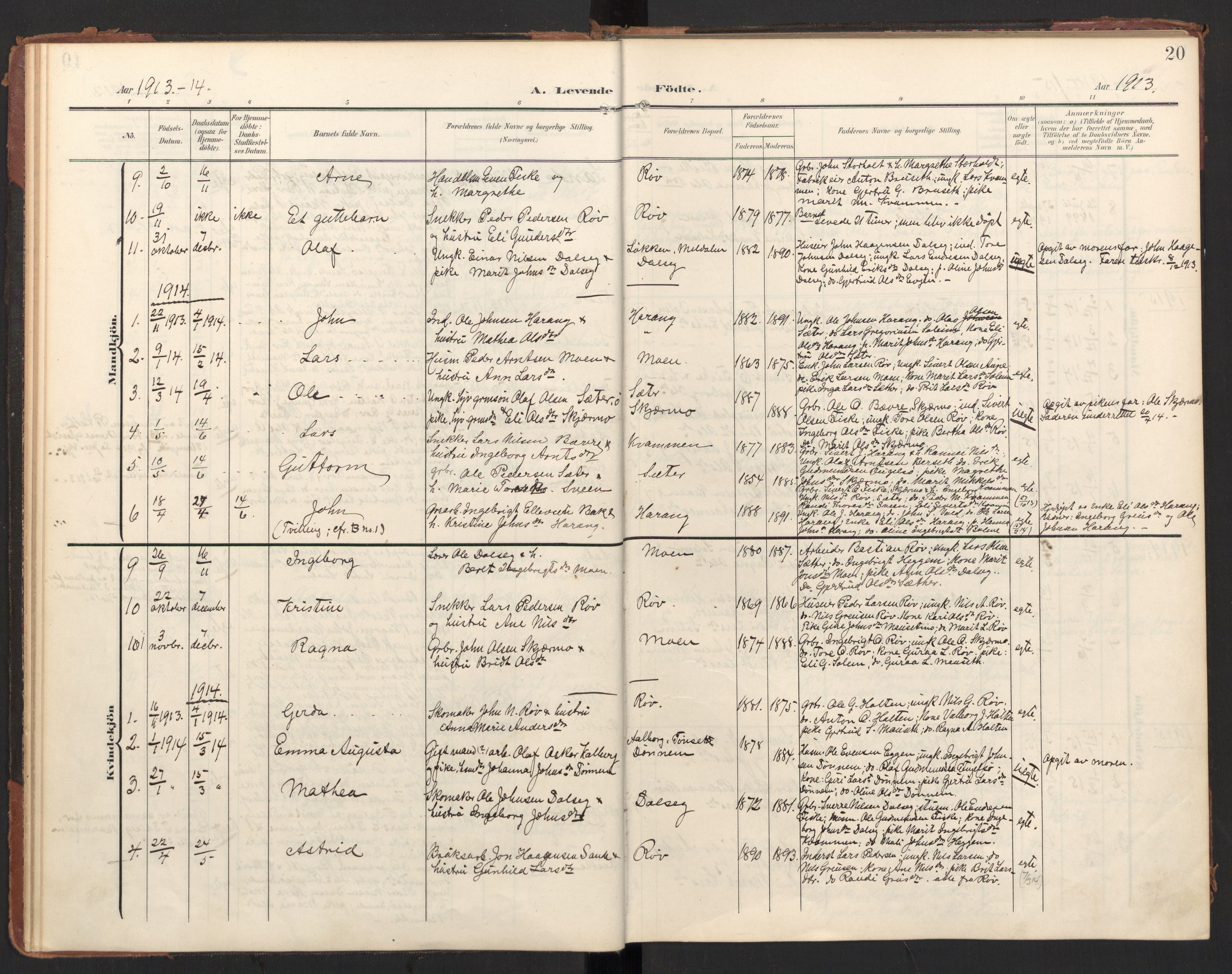 Ministerialprotokoller, klokkerbøker og fødselsregistre - Møre og Romsdal, AV/SAT-A-1454/597/L1063: Parish register (official) no. 597A02, 1905-1923, p. 20