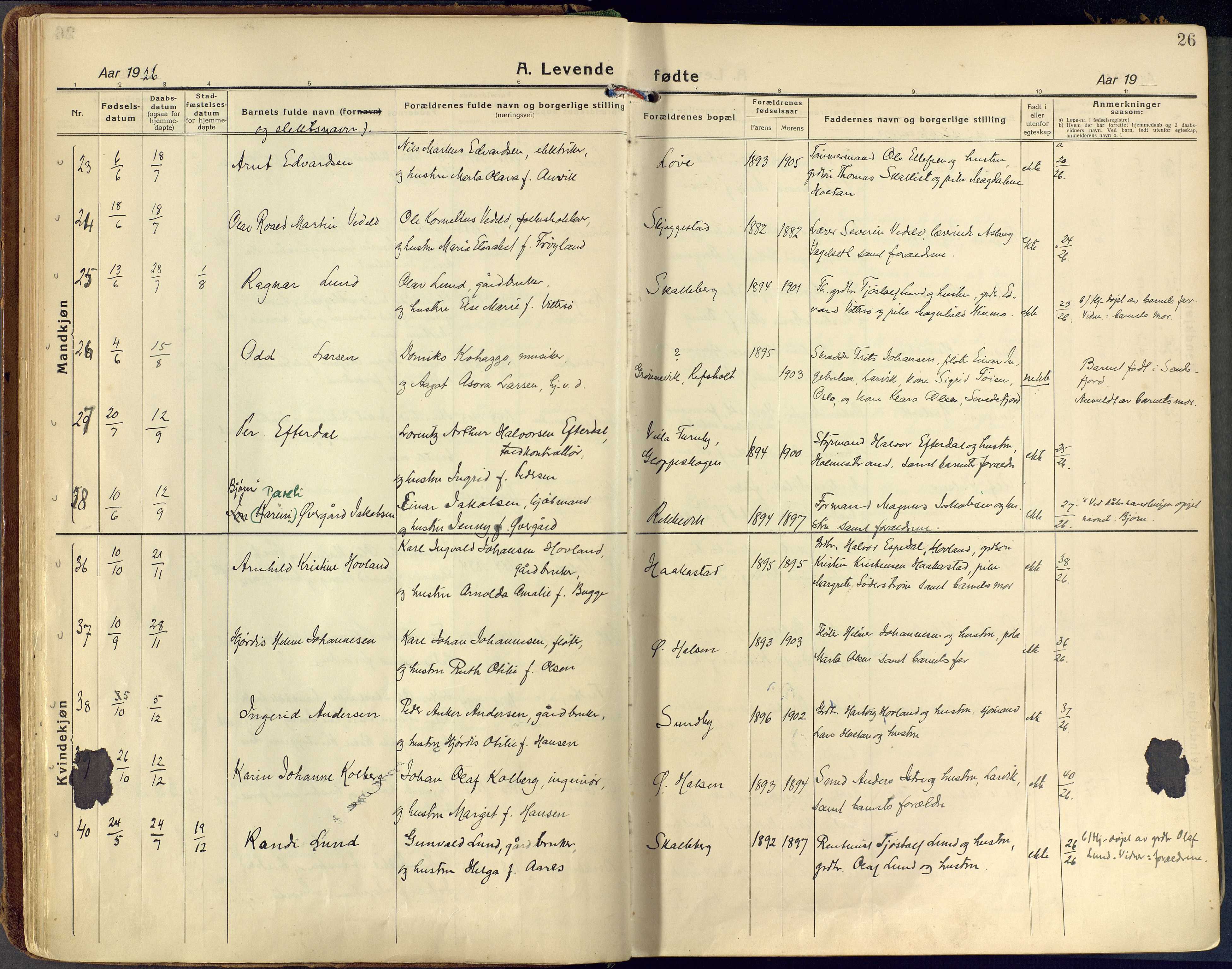 Tjølling kirkebøker, SAKO/A-60/F/Fa/L0011: Parish register (official) no. 11, 1924-1943, p. 26