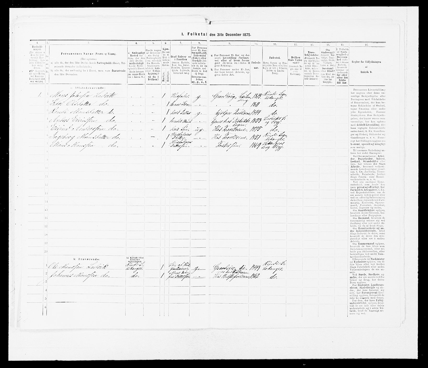 SAB, 1875 census for 1415P Lavik, 1875, p. 156