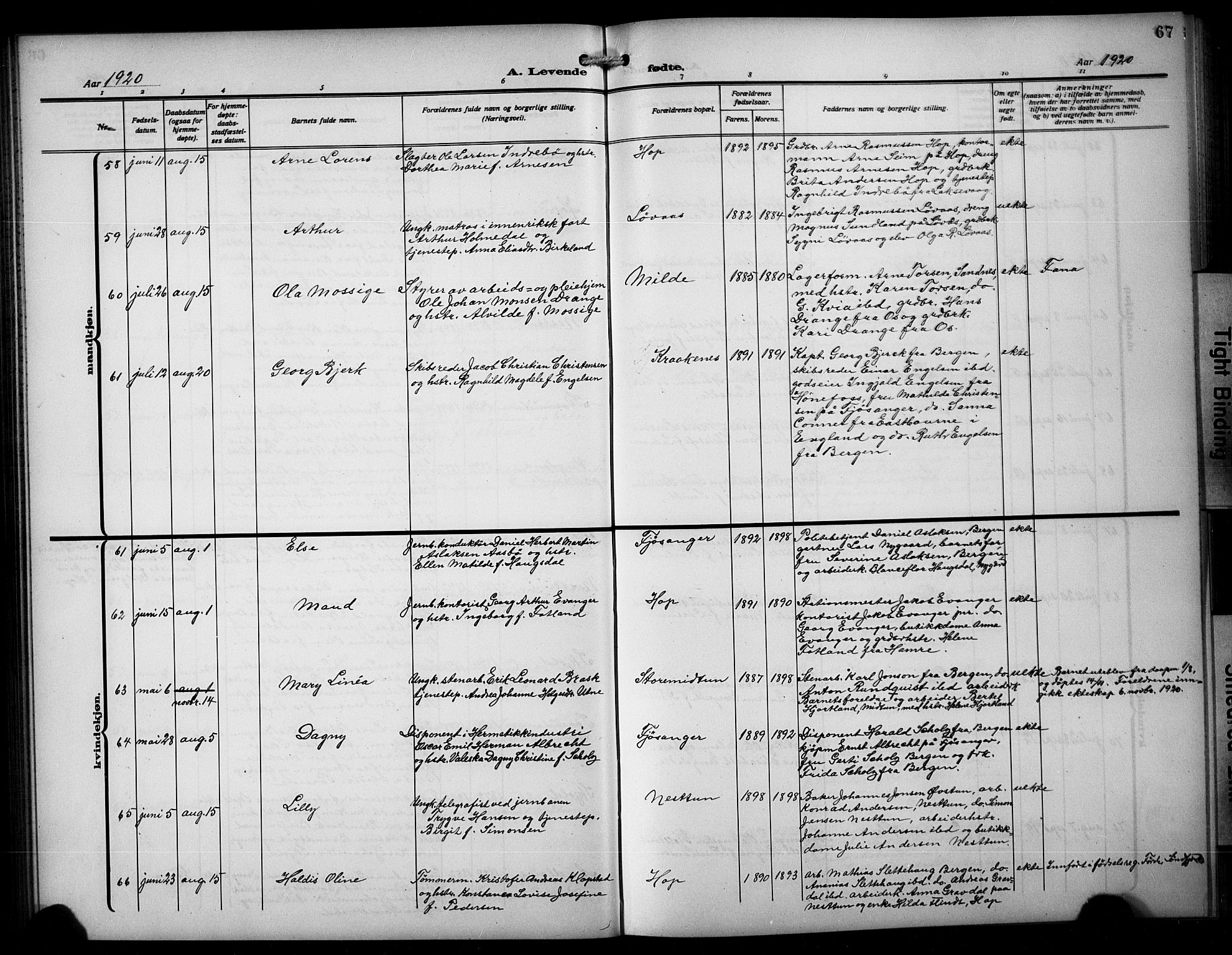 Birkeland Sokneprestembete, SAB/A-74601/H/Hab: Parish register (copy) no. A 7, 1916-1923, p. 67