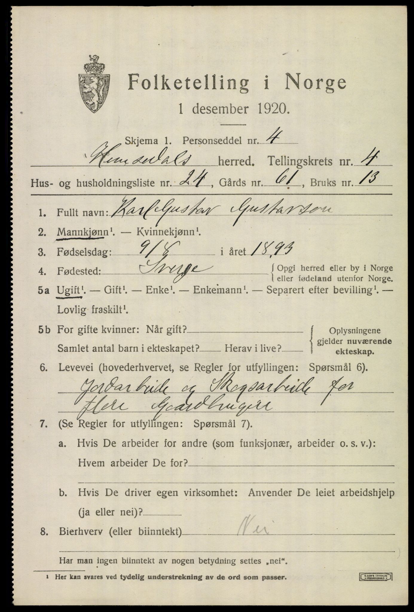 SAKO, 1920 census for Hemsedal, 1920, p. 1724