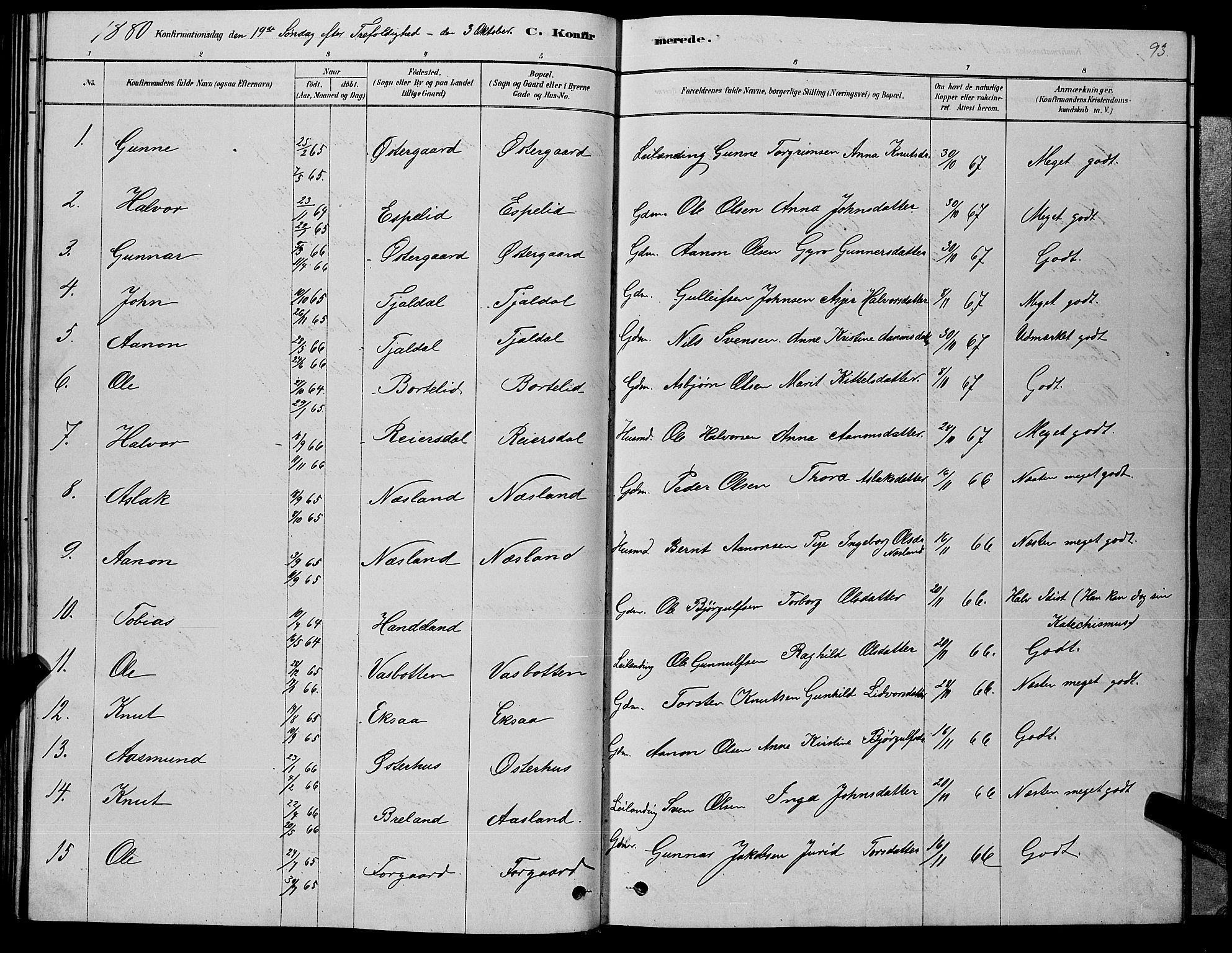 Åseral sokneprestkontor, AV/SAK-1111-0051/F/Fb/L0002: Parish register (copy) no. B 2, 1878-1899, p. 93