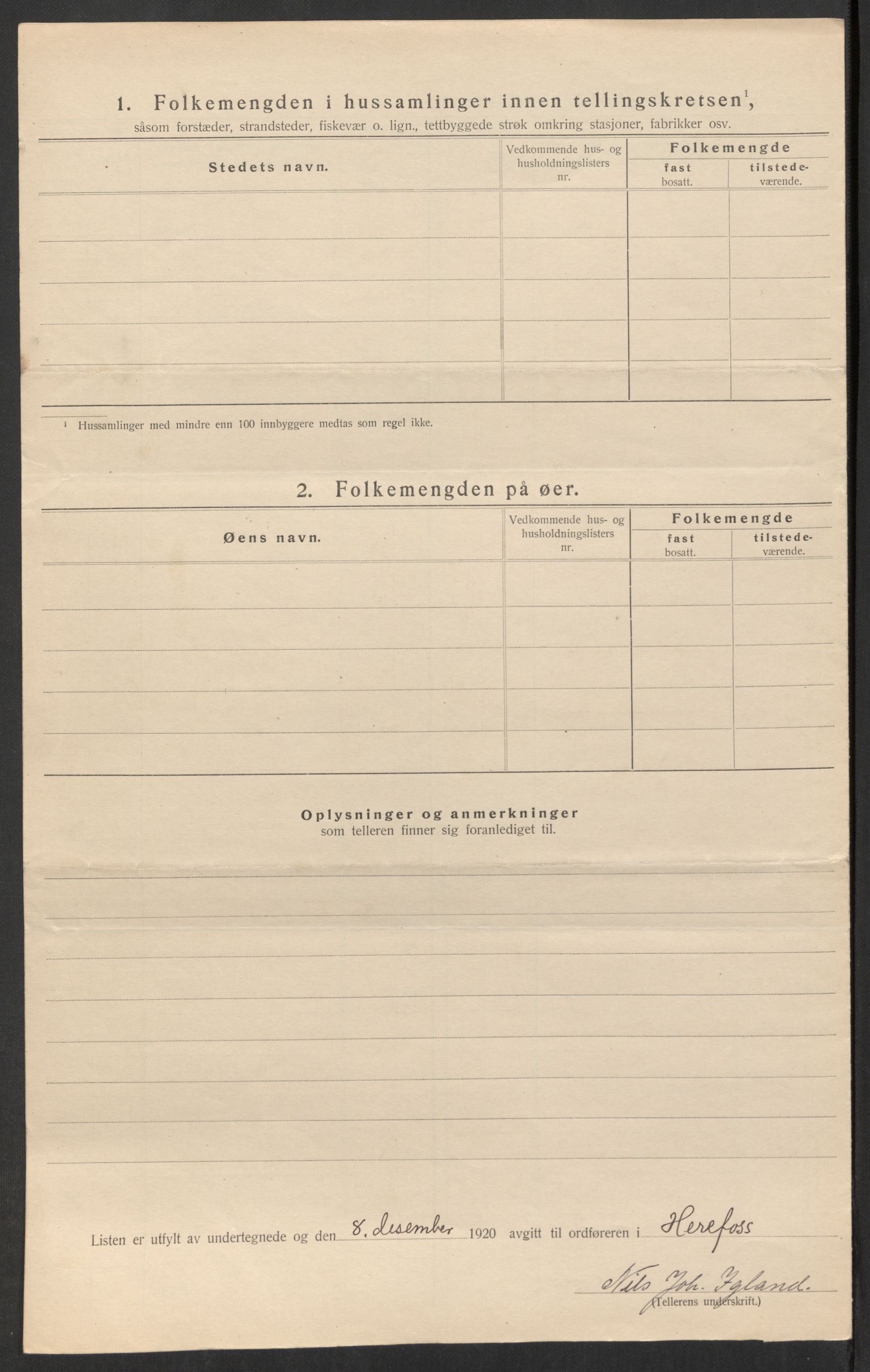 SAK, 1920 census for Herefoss, 1920, p. 20