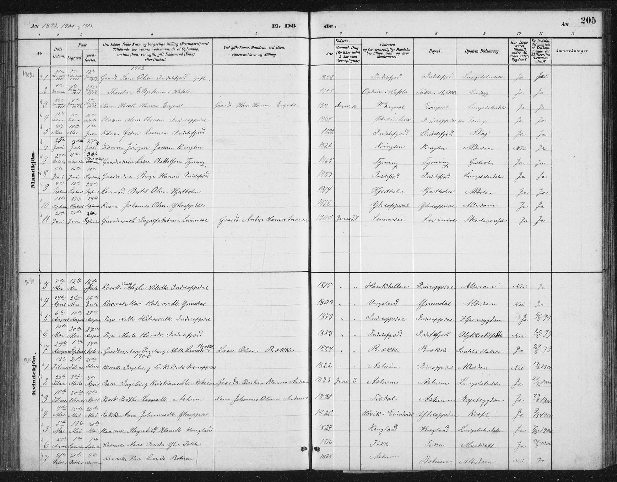 Gulen sokneprestembete, SAB/A-80201/H/Hab/Habc/L0002: Parish register (copy) no. C 2, 1880-1938, p. 205